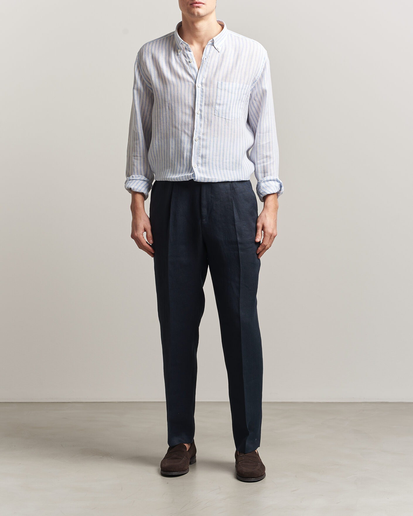 Mies | Kauluspaidat | BOSS BLACK | Liam Striped Linen Shirt Light Blue