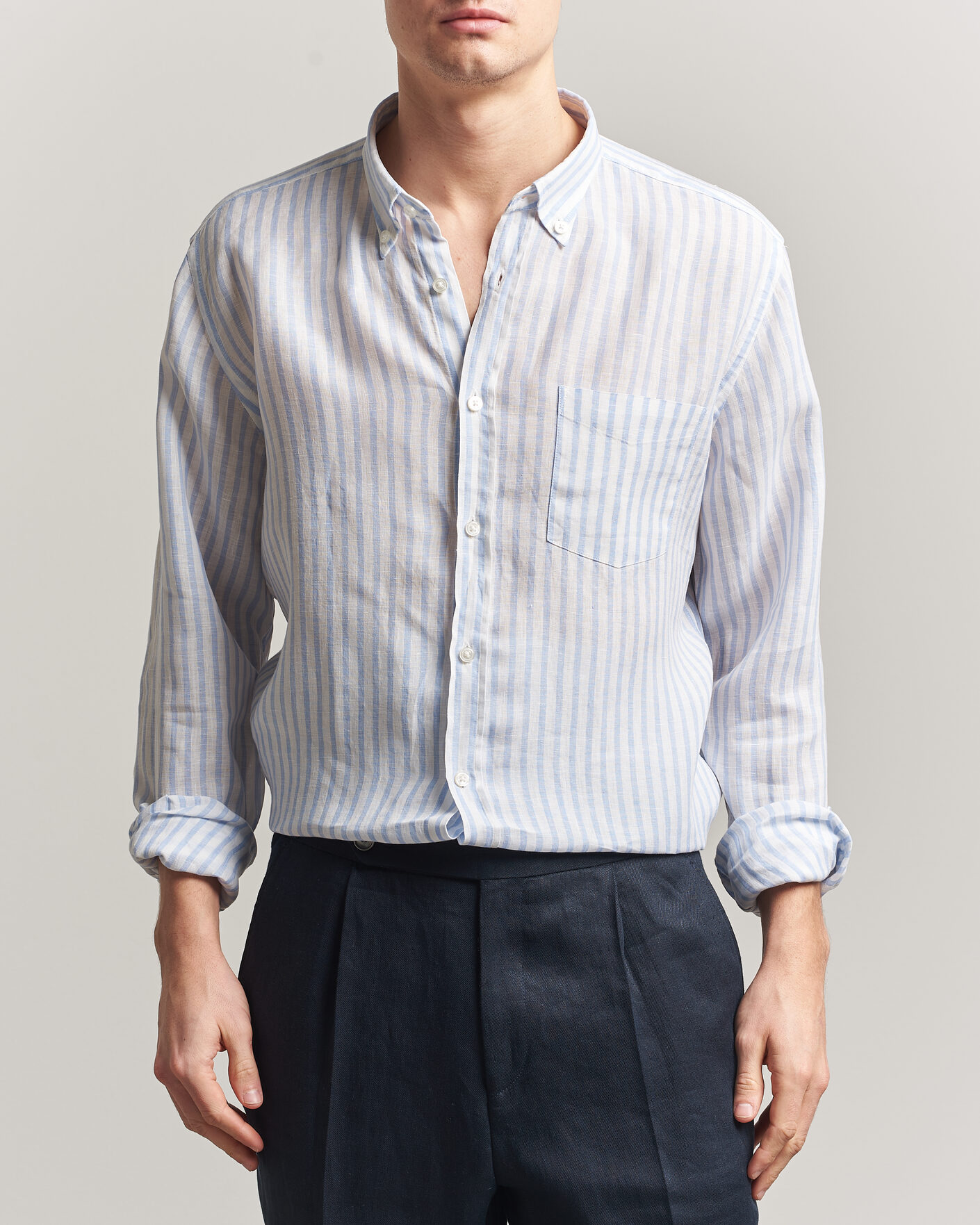 Mies | Kauluspaidat | BOSS BLACK | Liam Striped Linen Shirt Light Blue