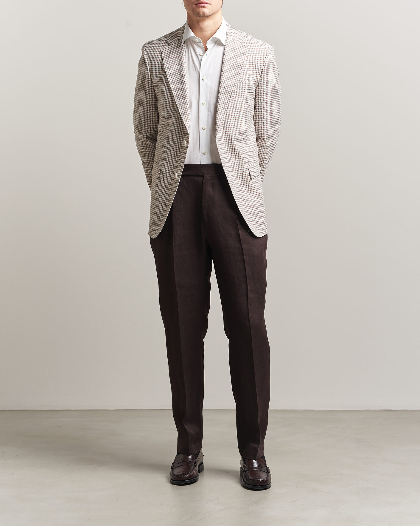 Mies | Pikkutakit | BOSS BLACK | Hutson Linen/Cotton Houndstooth Blazer Open Beige