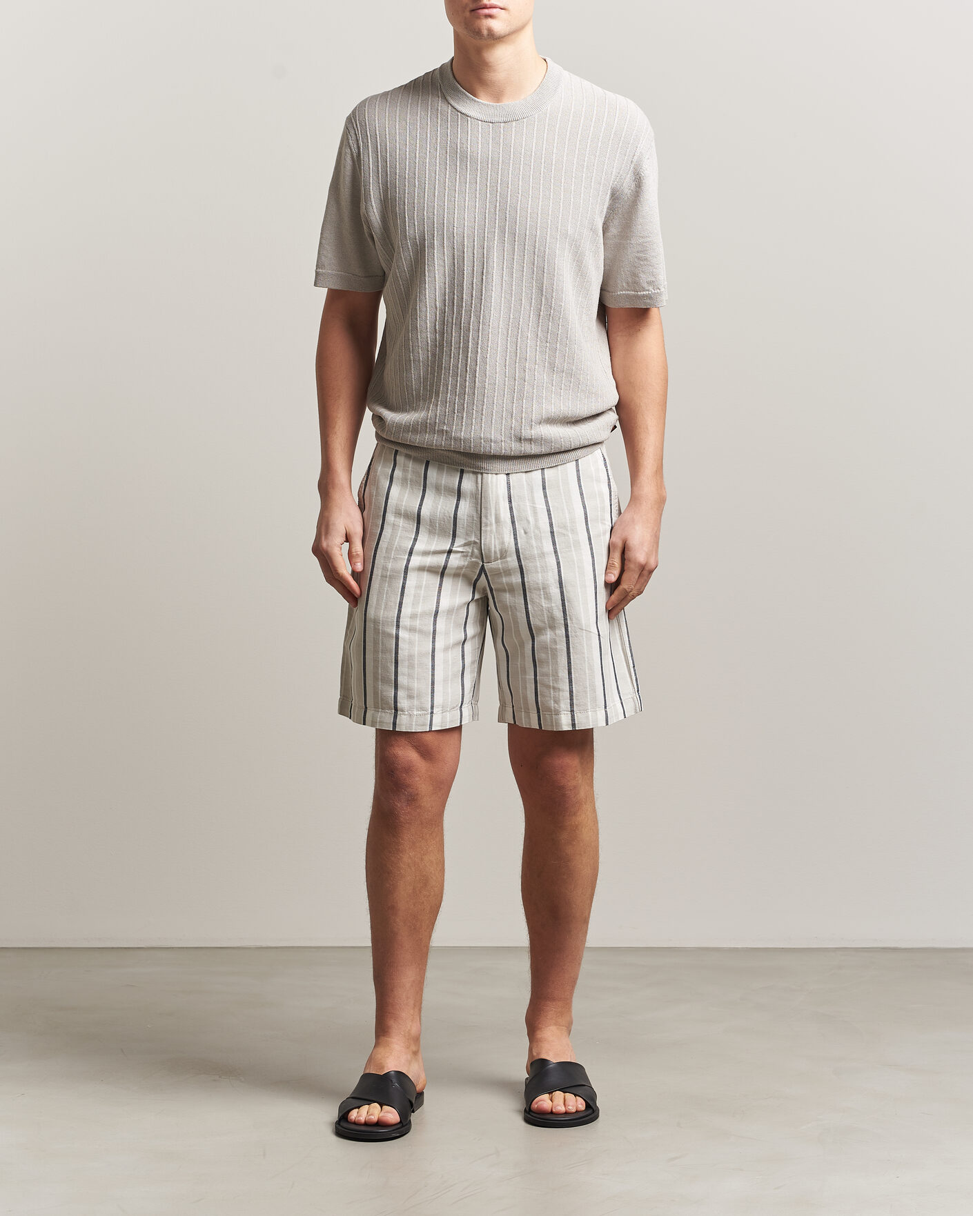 Mies | Shortsit | BOSS ORANGE | Linen/Cotton Striped Drawstring Shorts Open Grey