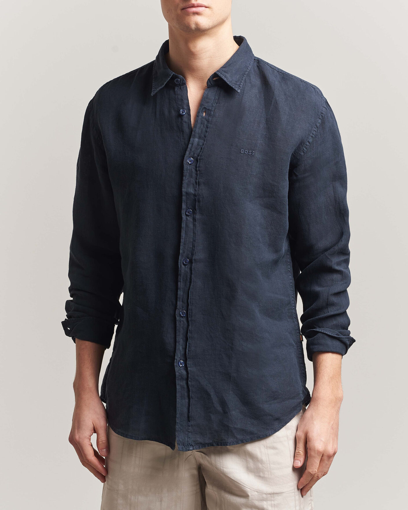 Mies | Kauluspaidat | BOSS ORANGE | Relegant Linen Shirt Dark Blue