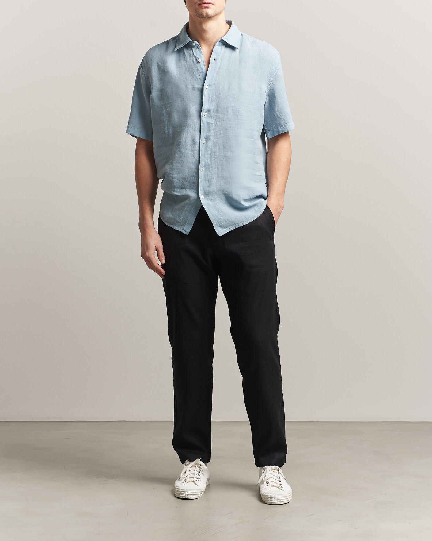 Mies | Kauluspaidat | BOSS ORANGE | Rash Linen Short Sleeve Shirt Light Blue