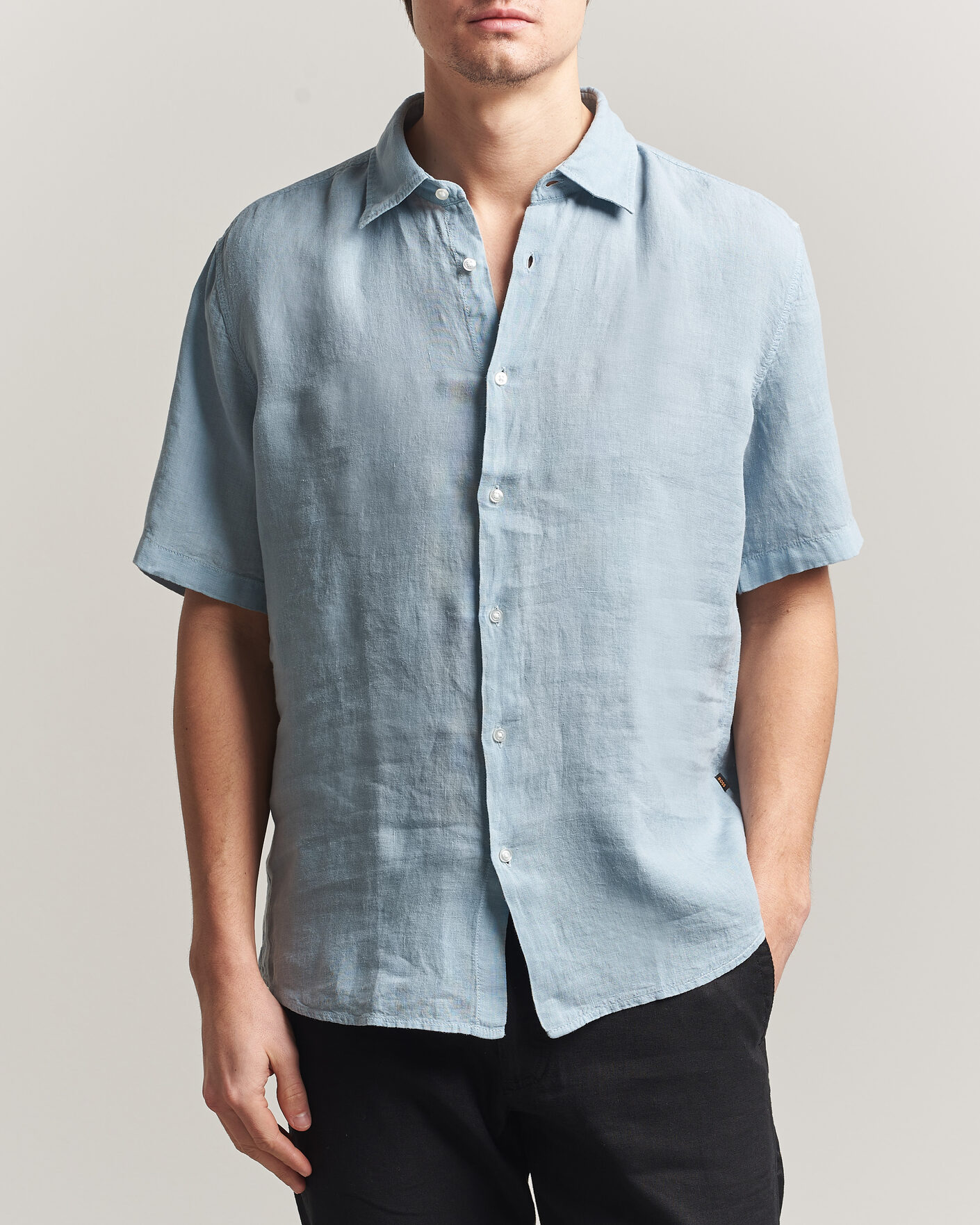 Mies | Kauluspaidat | BOSS ORANGE | Rash Linen Short Sleeve Shirt Light Blue
