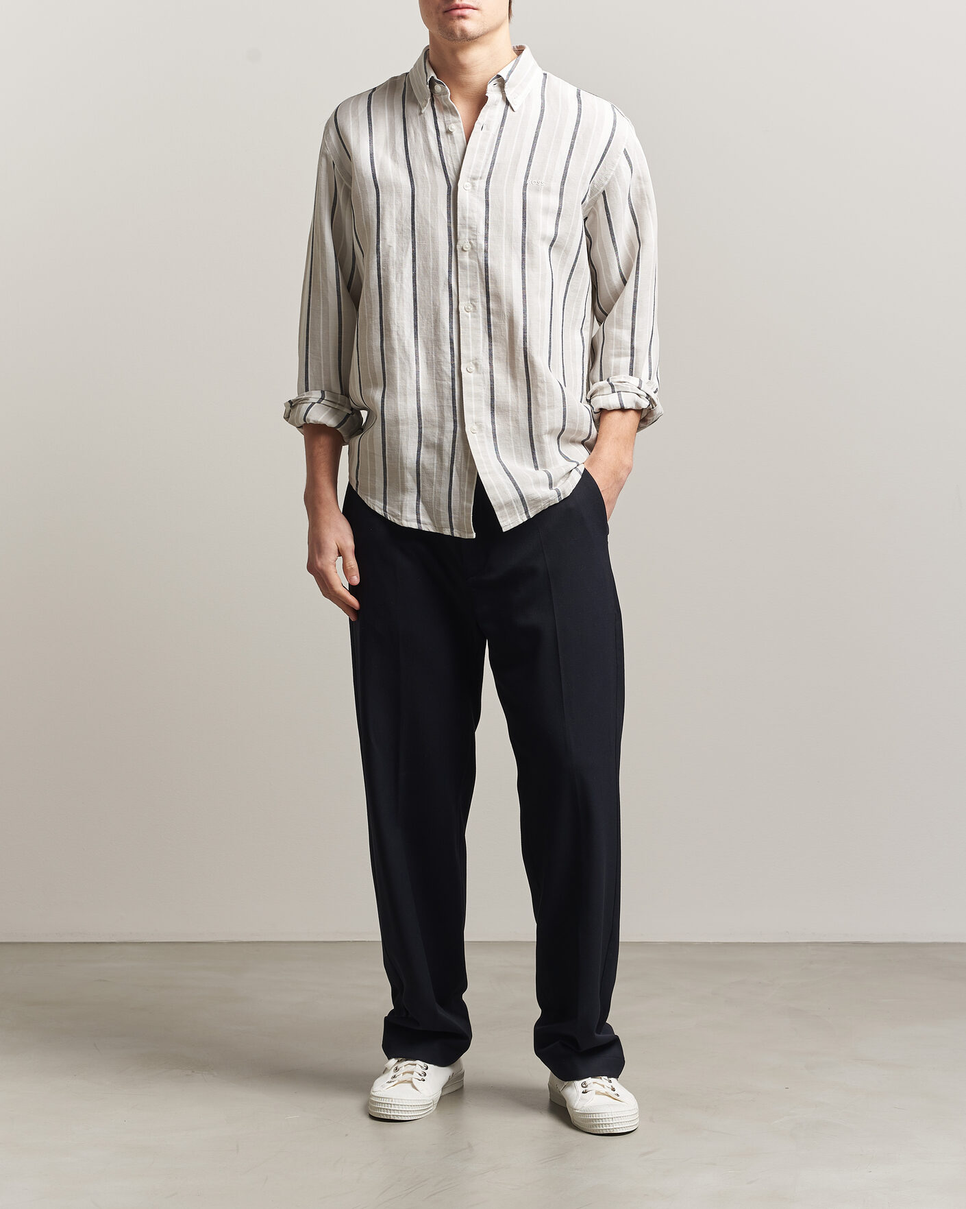 Mies | Kauluspaidat | BOSS ORANGE | Ricoplus Linen/Cotton Striped Shirt Beige