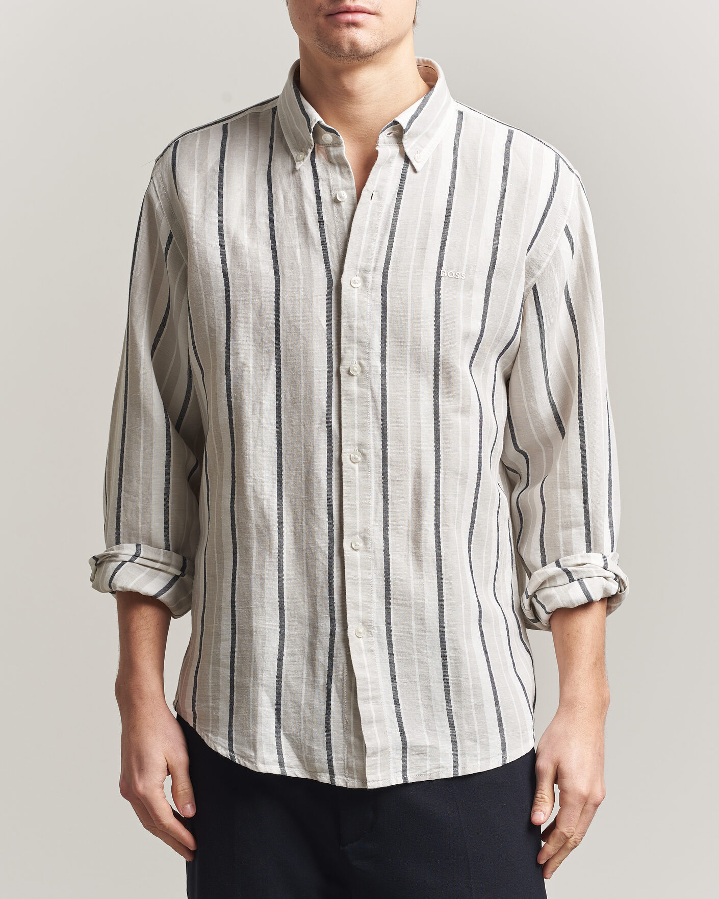 Mies | Kauluspaidat | BOSS ORANGE | Ricoplus Linen/Cotton Striped Shirt Beige