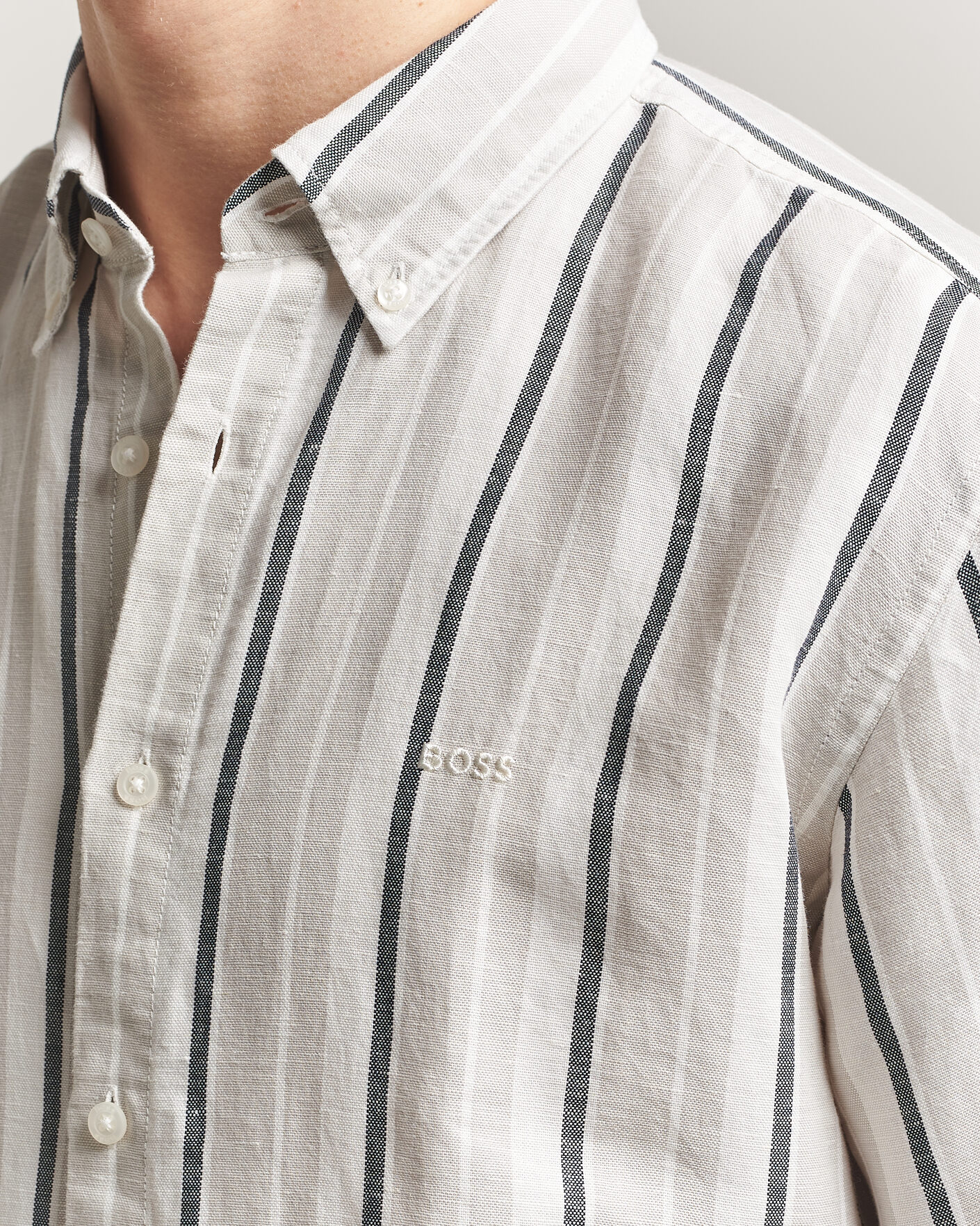 Mies | Kauluspaidat | BOSS ORANGE | Ricoplus Linen/Cotton Striped Shirt Beige