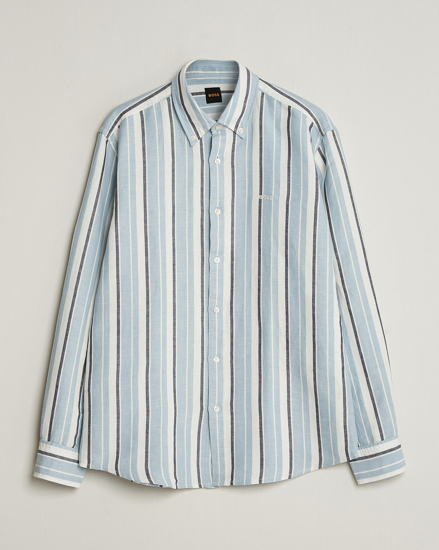 Mies | Kauluspaidat | BOSS ORANGE | Ricoplus Linen/Cotton Striped Shirt Light Blue