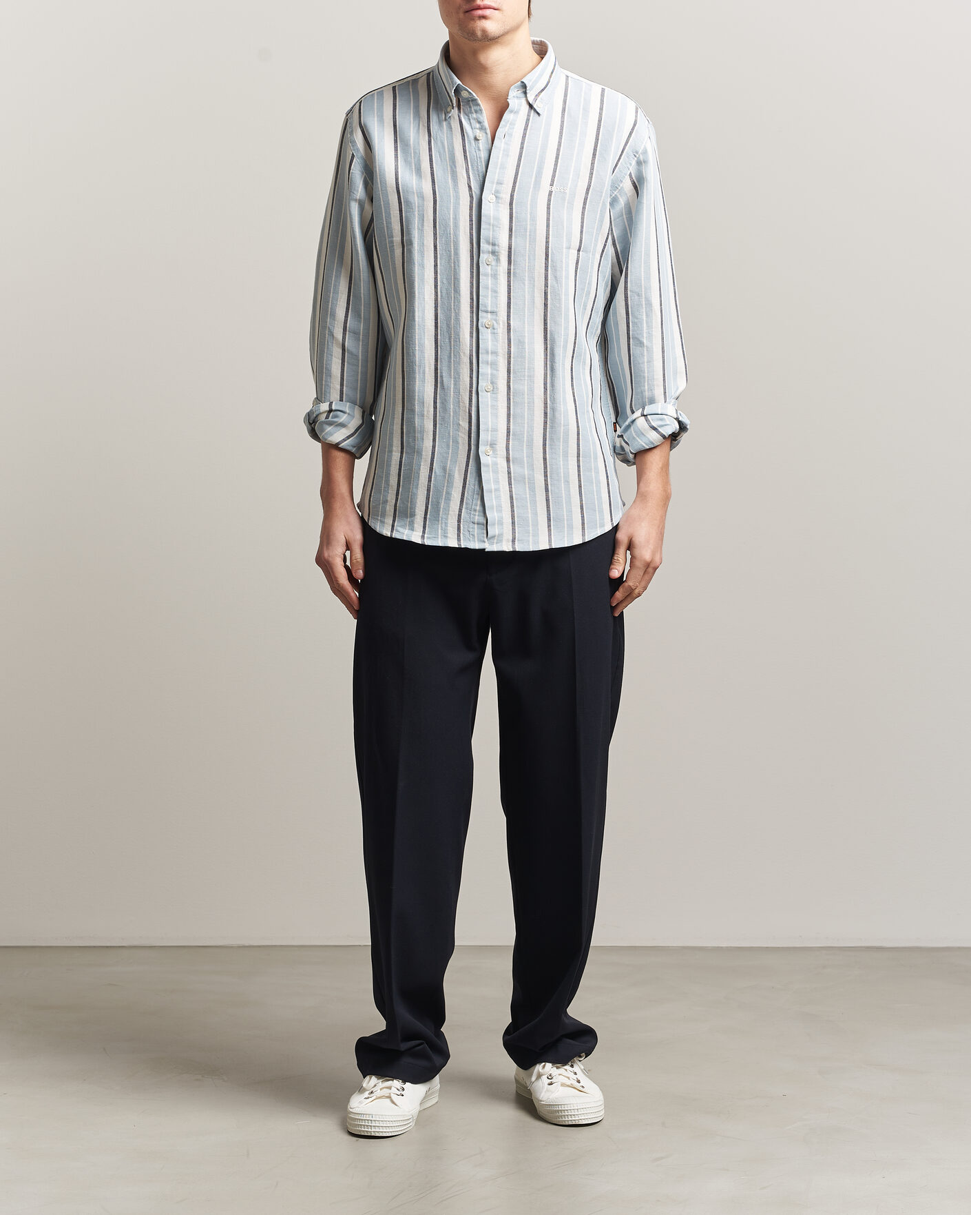 Mies | Kauluspaidat | BOSS ORANGE | Ricoplus Linen/Cotton Striped Shirt Light Blue