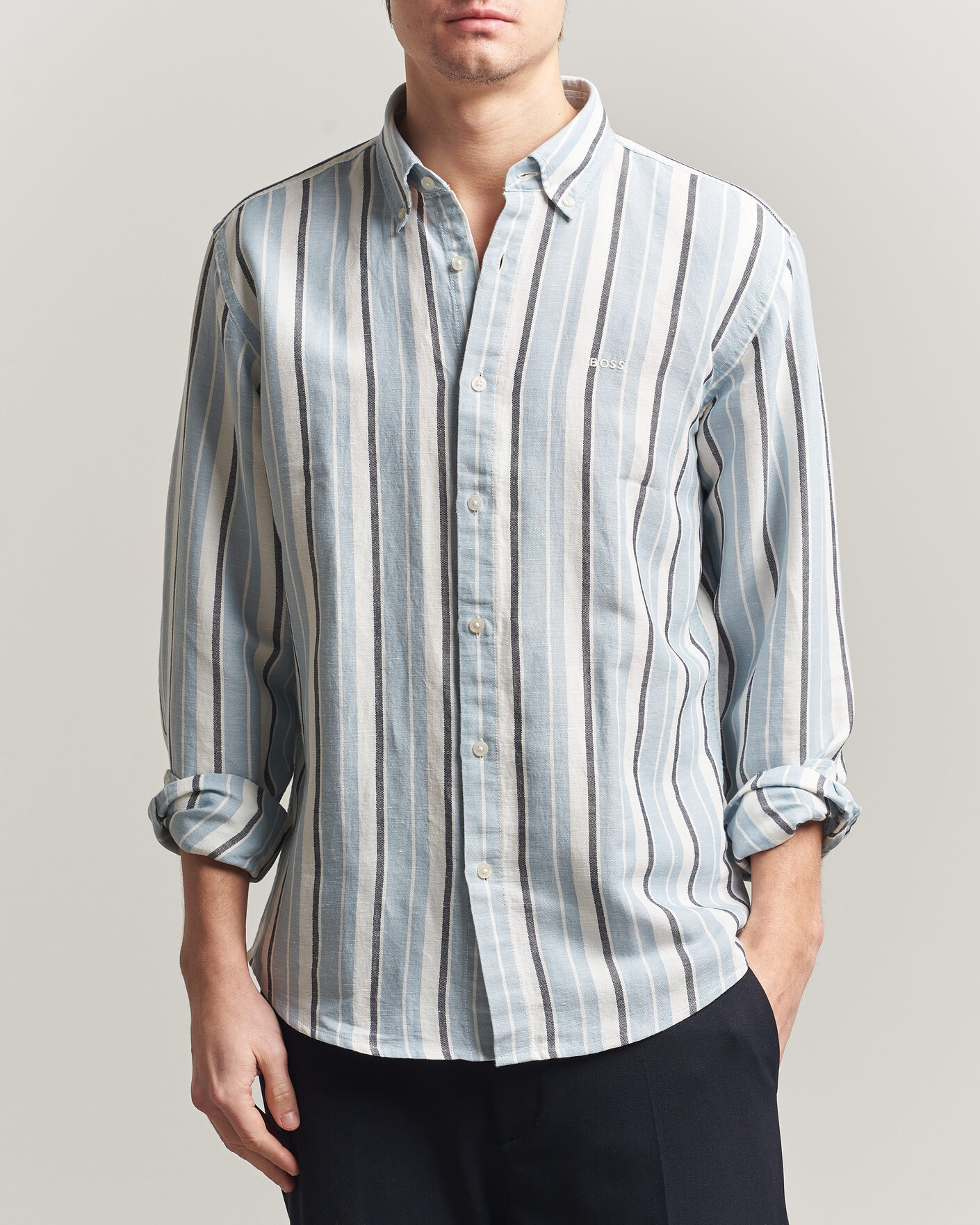 Mies | Kauluspaidat | BOSS ORANGE | Ricoplus Linen/Cotton Striped Shirt Light Blue