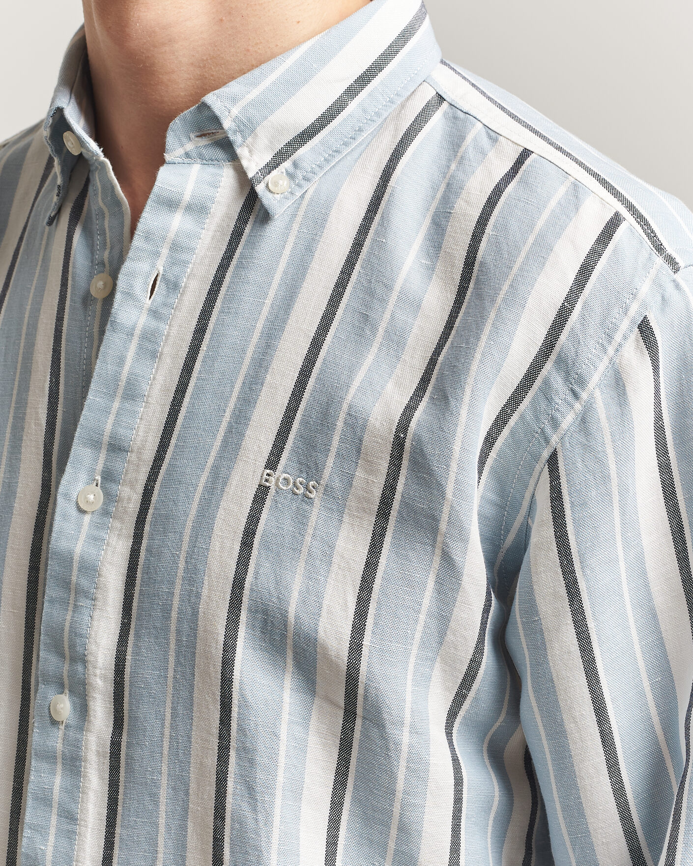 Mies | Kauluspaidat | BOSS ORANGE | Ricoplus Linen/Cotton Striped Shirt Light Blue
