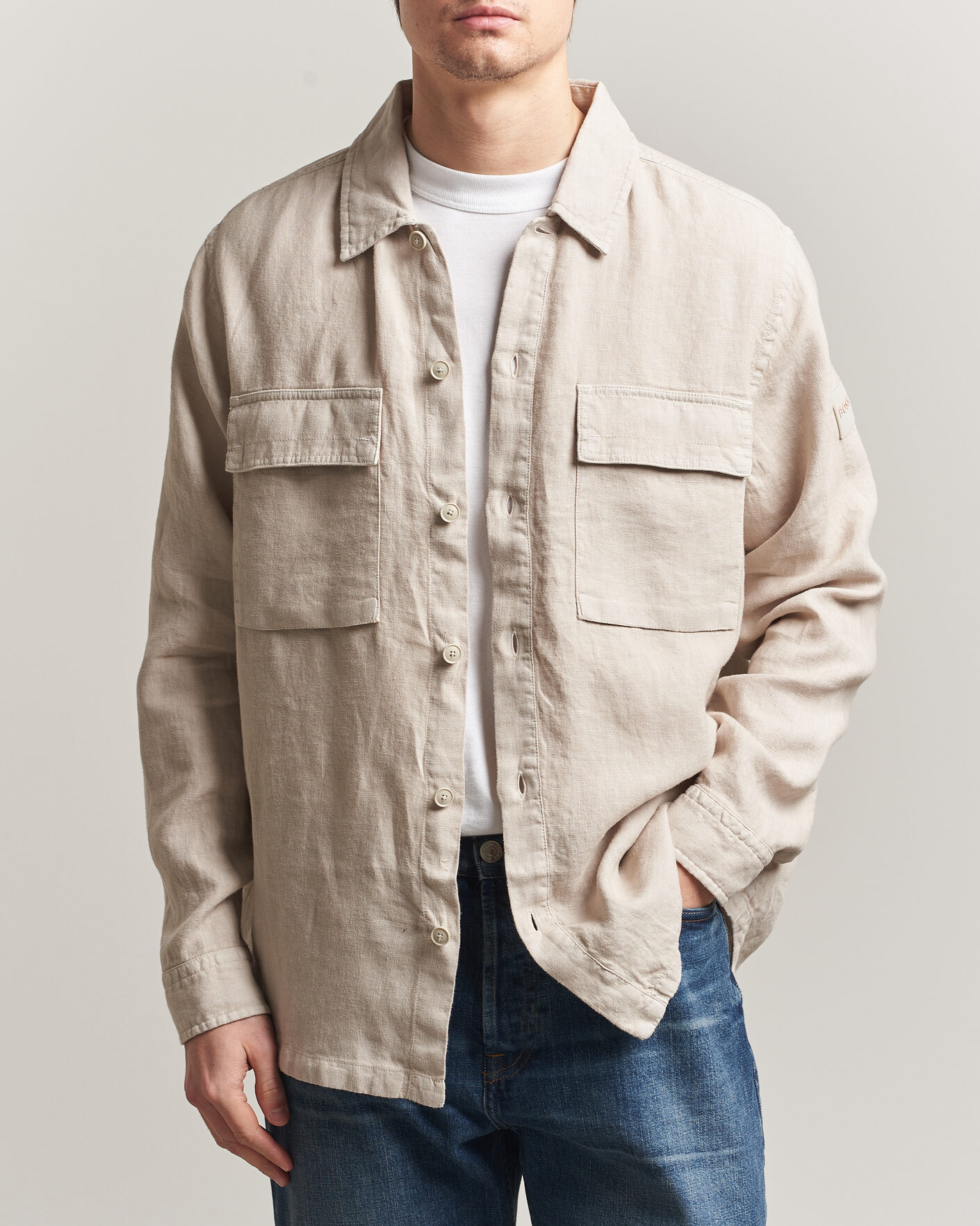 Mies | Kauluspaidat | BOSS ORANGE | Locky Linen Overshirt Beige