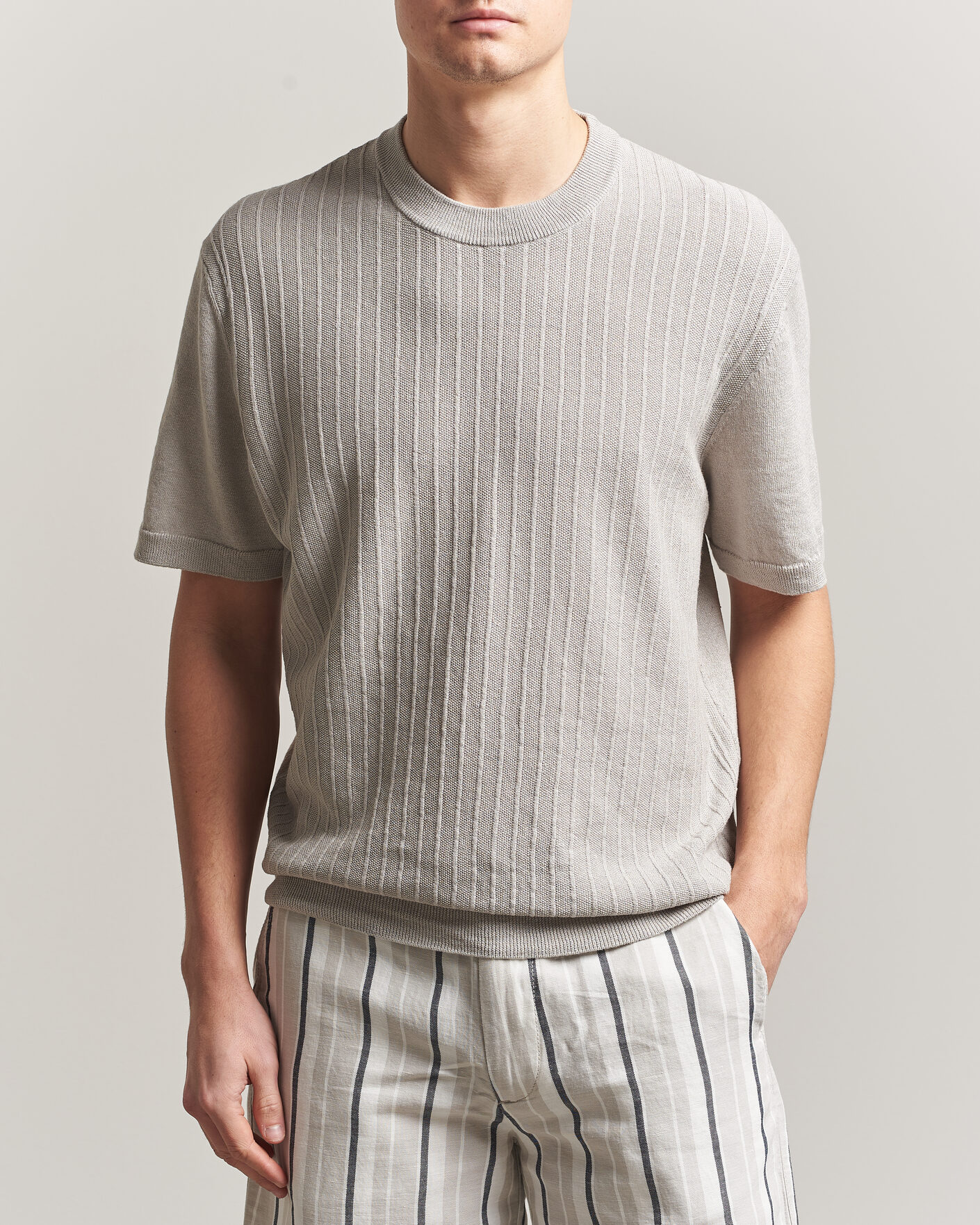 Mies | T-paidat | BOSS ORANGE | Kajordino Linen/Cotton Knitted T-Shirt Beige