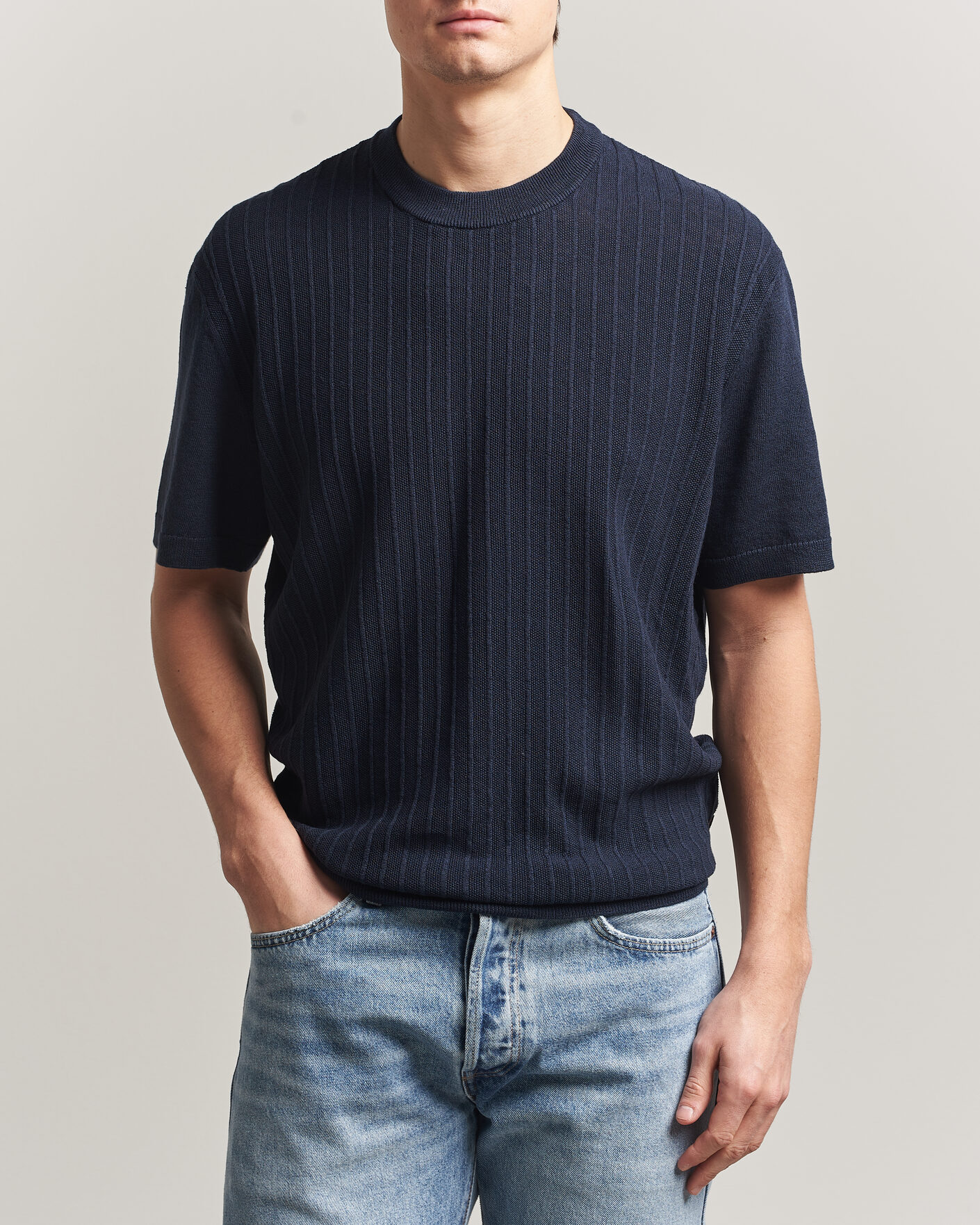 Mies | T-paidat | BOSS ORANGE | Kajordino Linen/Cotton Knitted T-Shirt Dark Blue