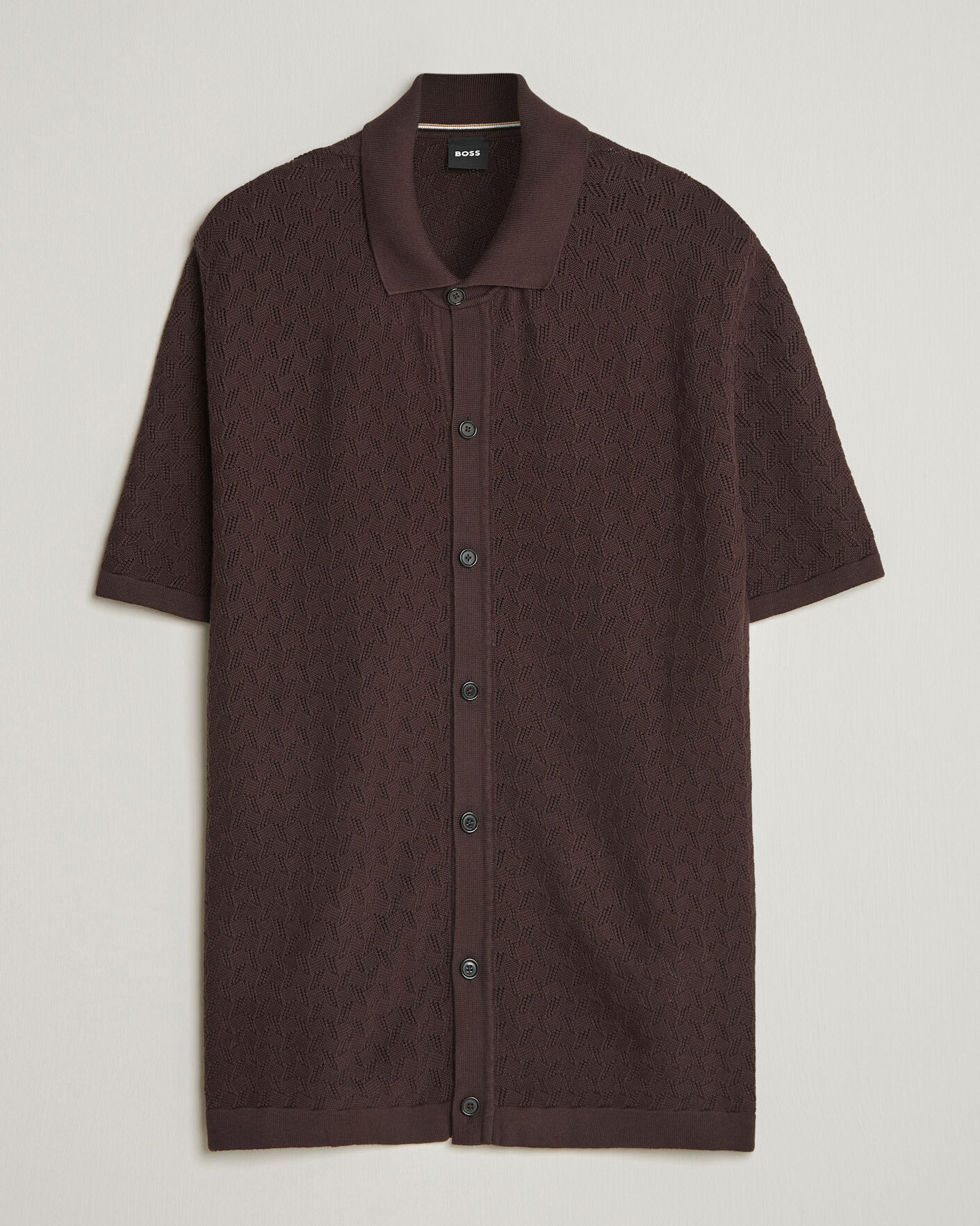 Mies | Kauluspaidat | BOSS BLACK | Nappo Knitted Short Sleeve Shirt Dark Brown