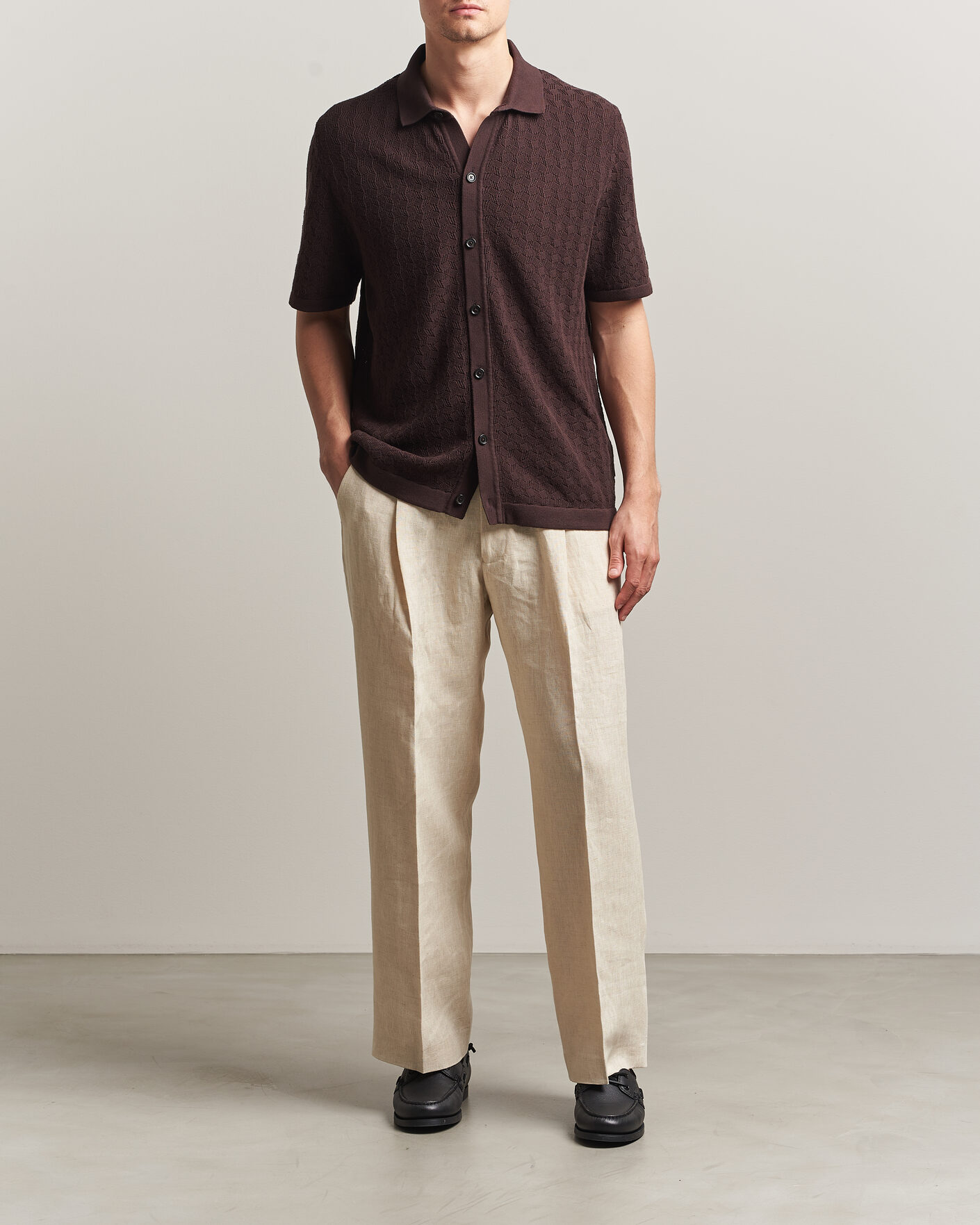 Mies | Kauluspaidat | BOSS BLACK | Nappo Knitted Short Sleeve Shirt Dark Brown