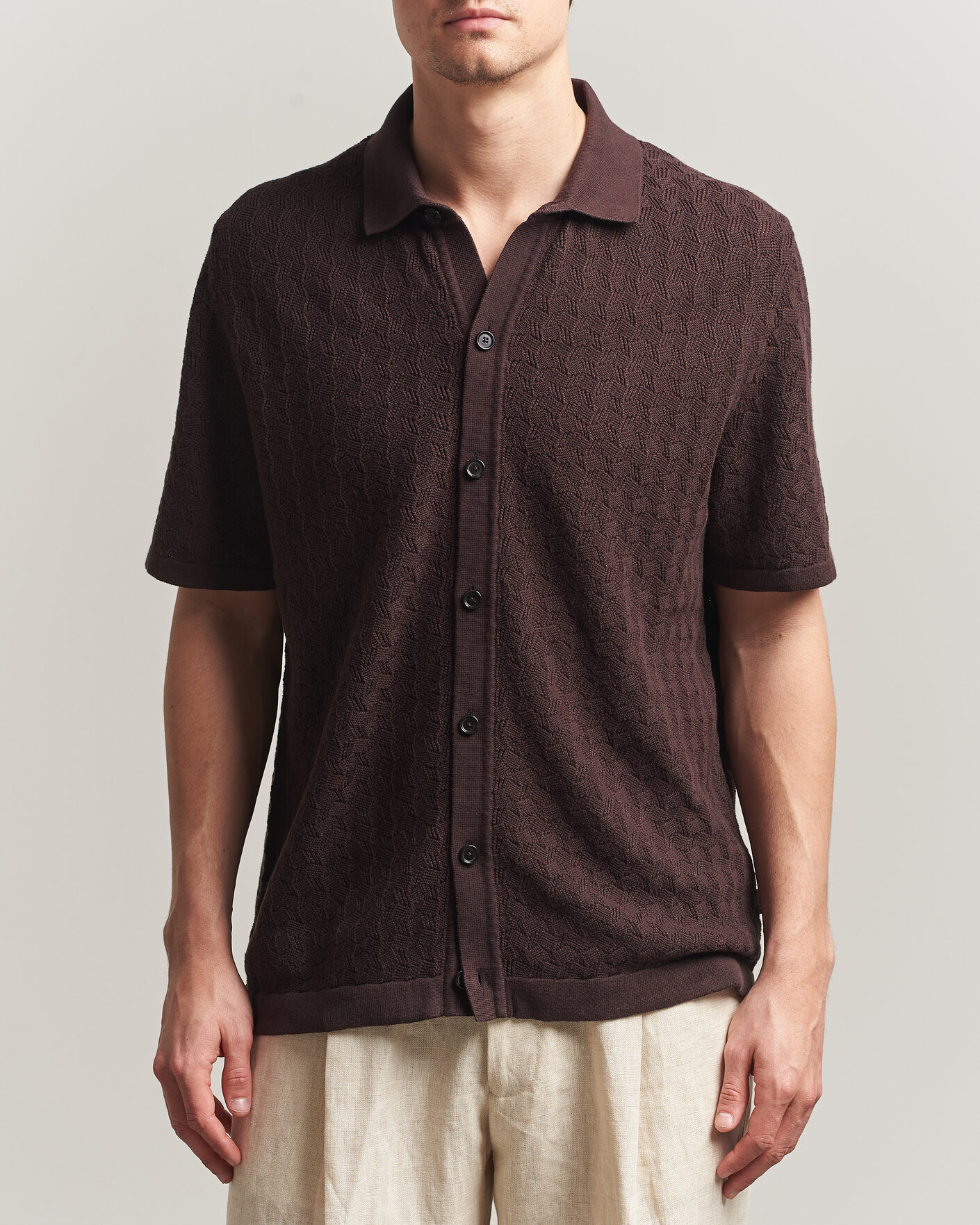 Mies | Kauluspaidat | BOSS BLACK | Nappo Knitted Short Sleeve Shirt Dark Brown