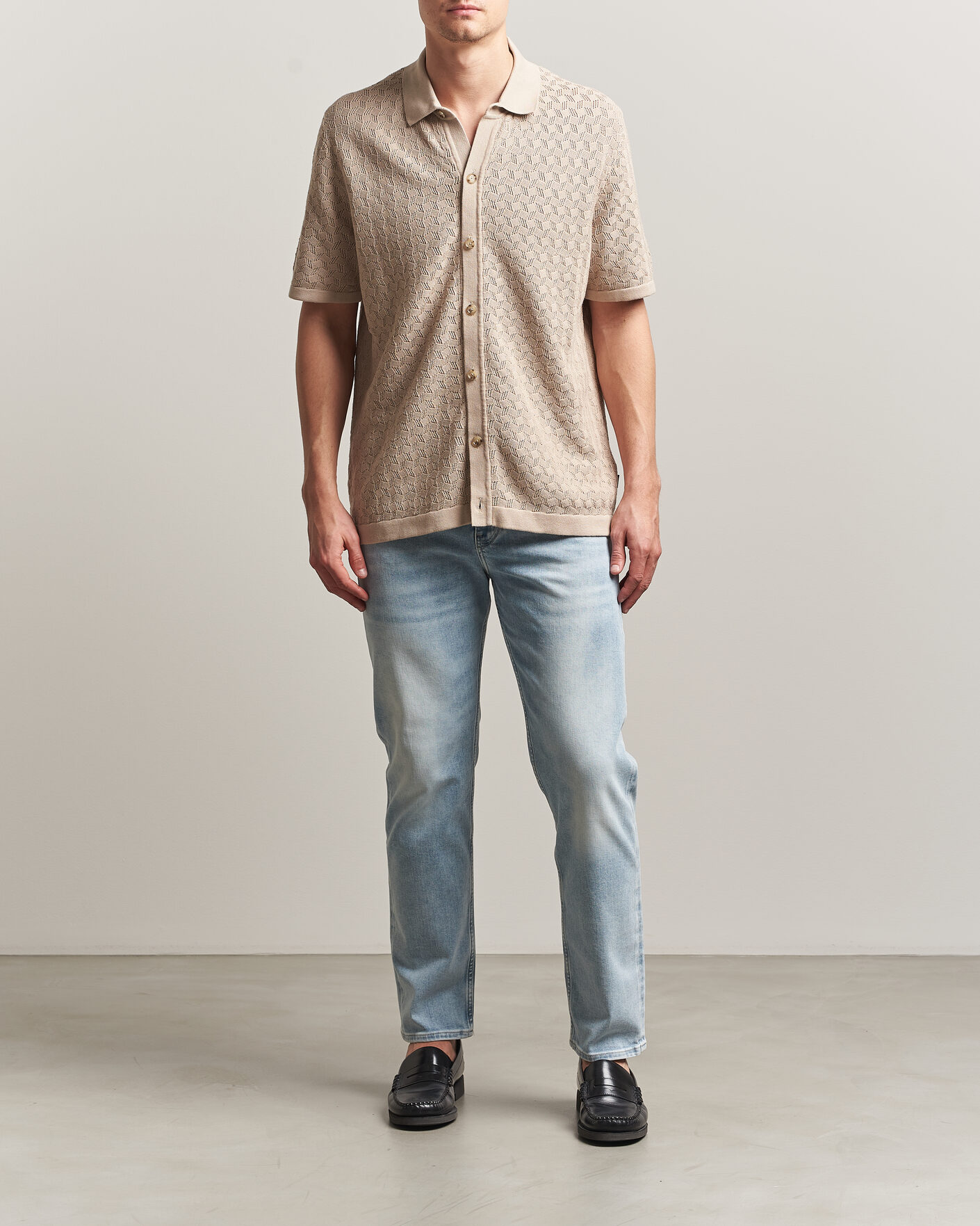 Mies | Kauluspaidat | BOSS BLACK | Nappo Knitted Short Sleeve Shirt Open Beige