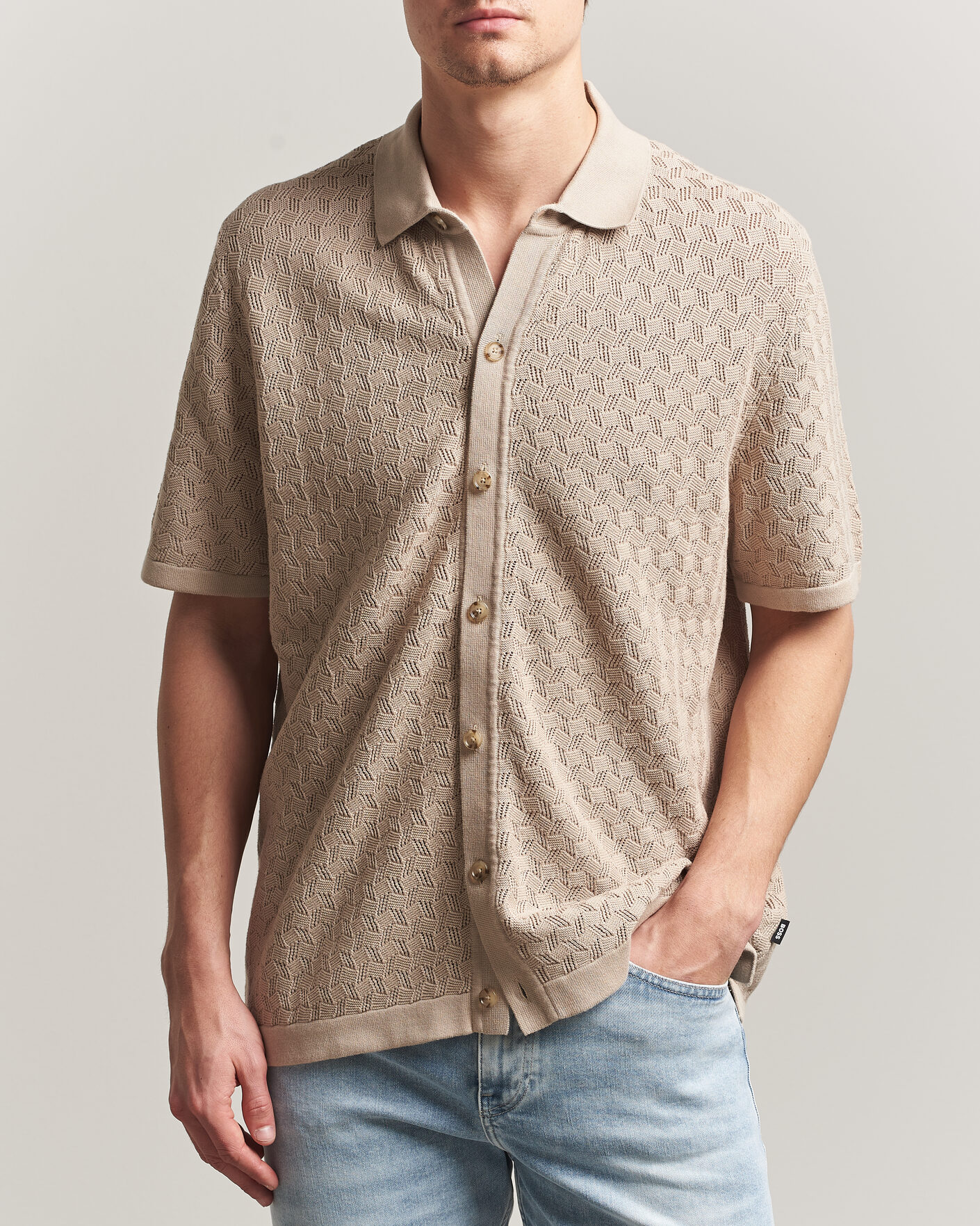 Mies | Kauluspaidat | BOSS BLACK | Nappo Knitted Short Sleeve Shirt Open Beige