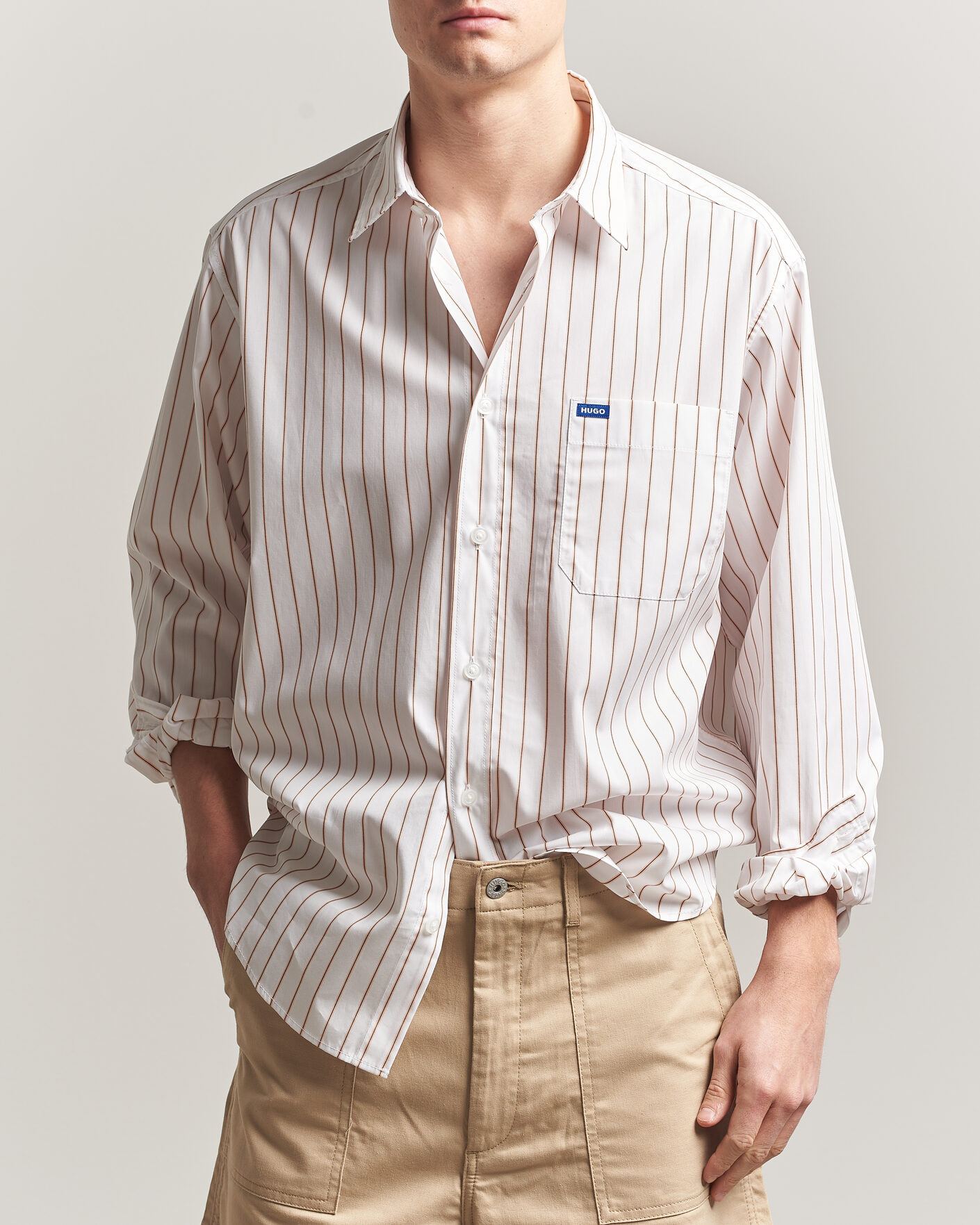 Mies | Kauluspaidat | HUGO | Ebalto Striped Cotton Shirt Light Orange