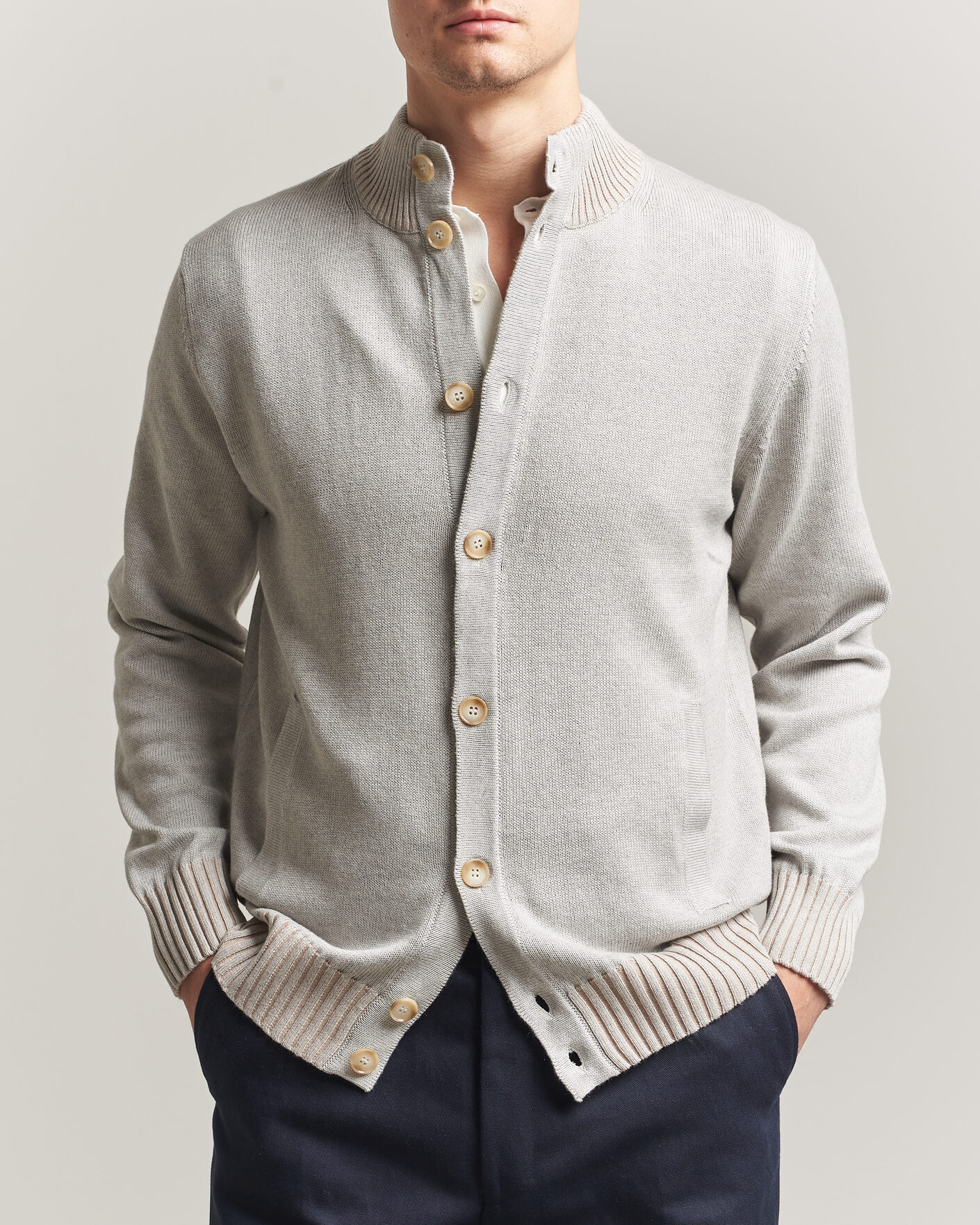 Mies | Puserot | Morgano | Cotton/Cashmere Knitted Cardigan Light Grey