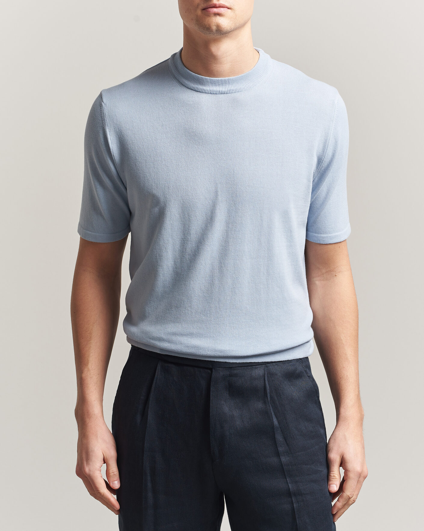 Mies | T-paidat | Morgano | Knitted Cotton Crepe T-Shirt Light Blue