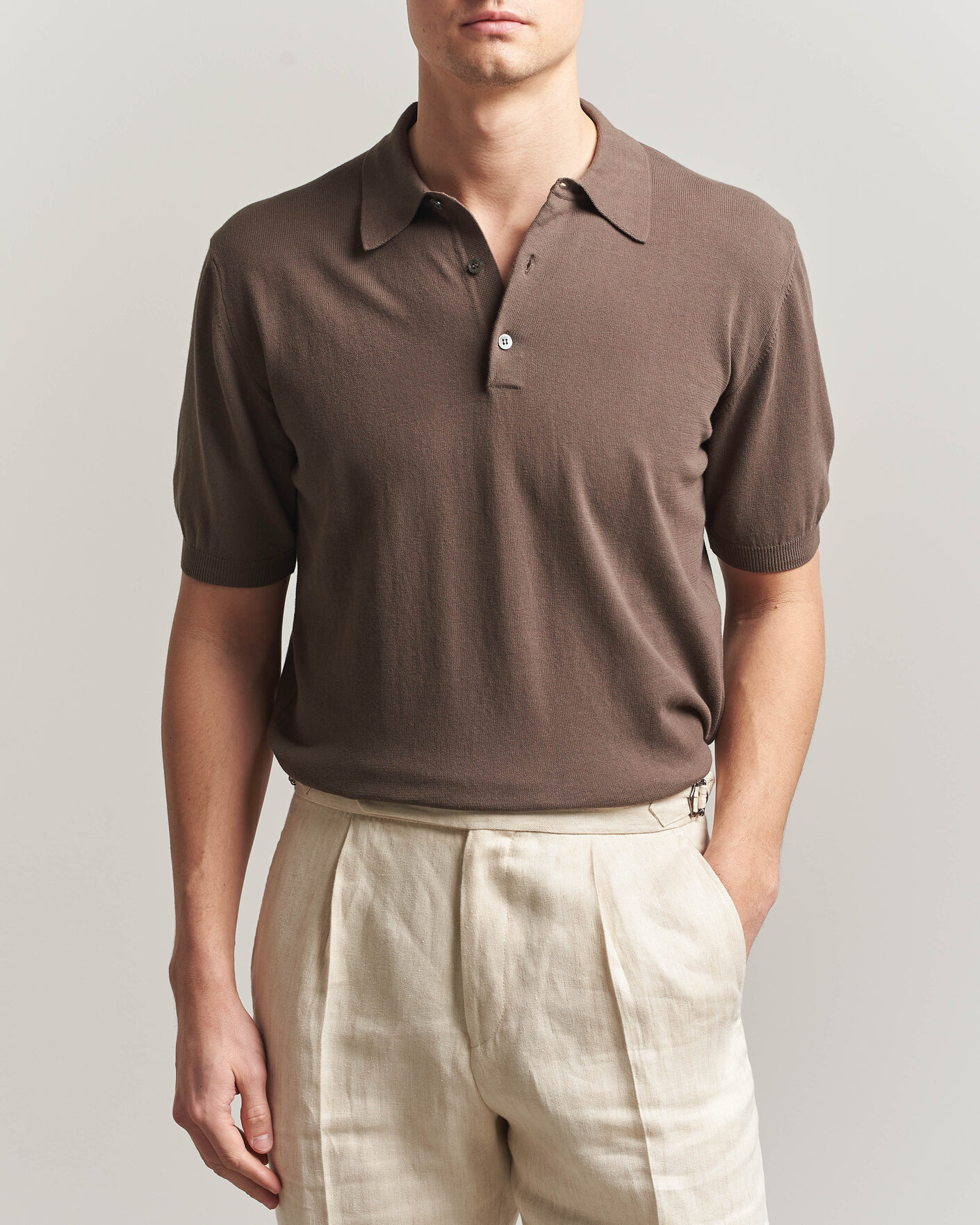 Mies | Pikeet | Morgano | Knitted Cotton Crepe Polo Brown