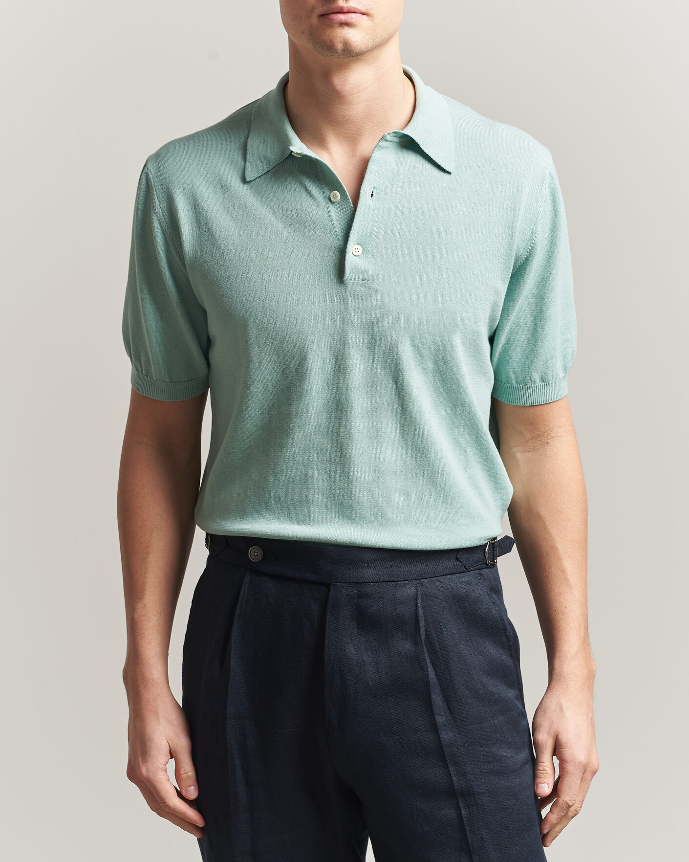 Mies | Pikeet | Morgano | Knitted Cotton Crepe Polo Light Green