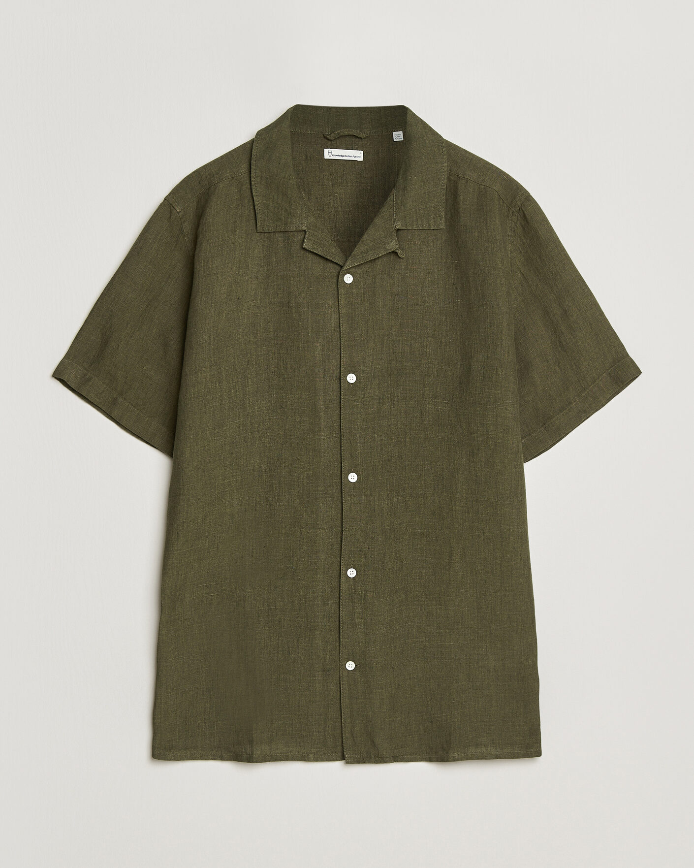 Mies | Kauluspaidat | KnowledgeCotton Apparel | Short Sleeve Linen Resort Shirt Burnt Olive