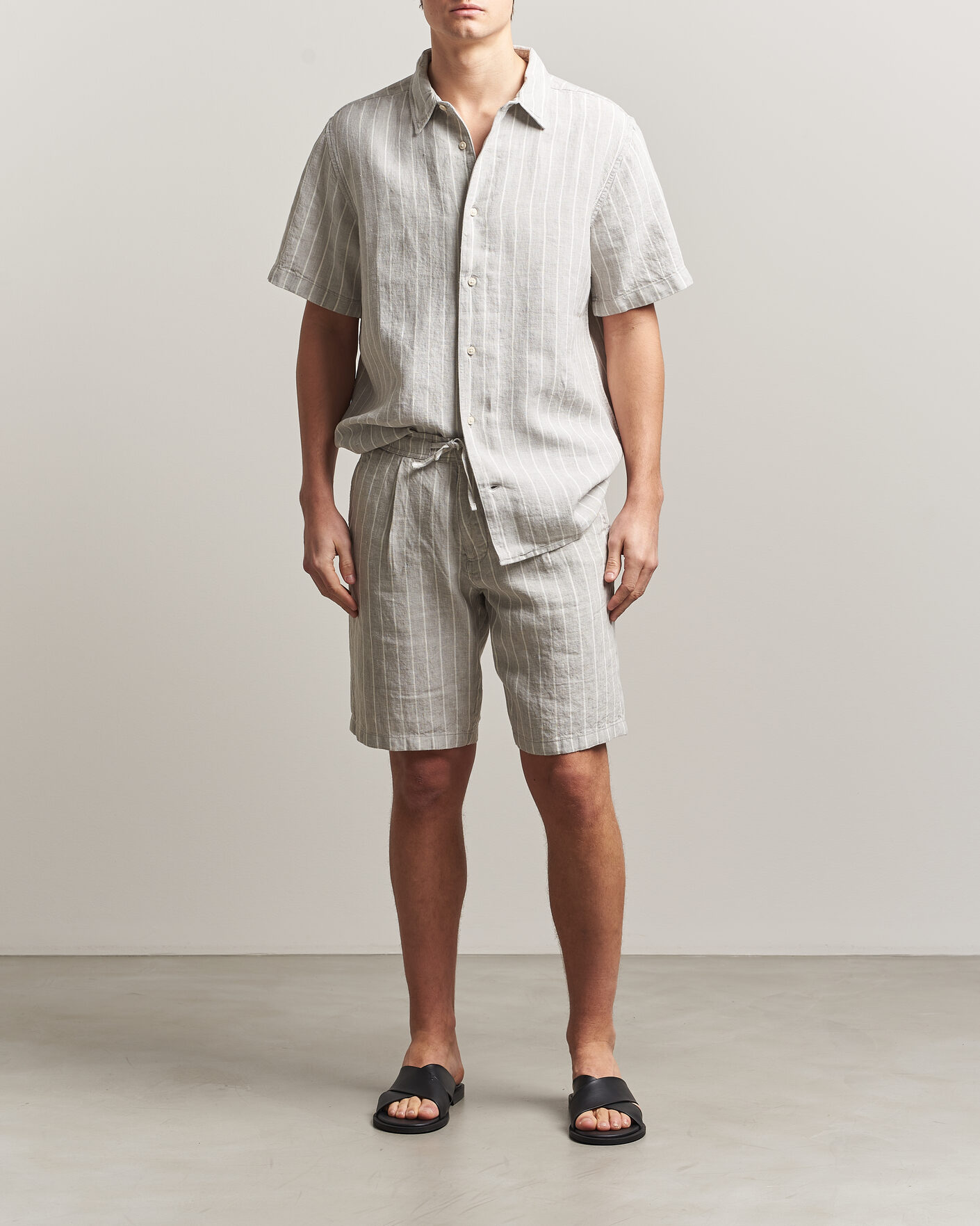 Mies | Kauluspaidat | KnowledgeCotton Apparel | Striped Linen Resort Shirt Grey