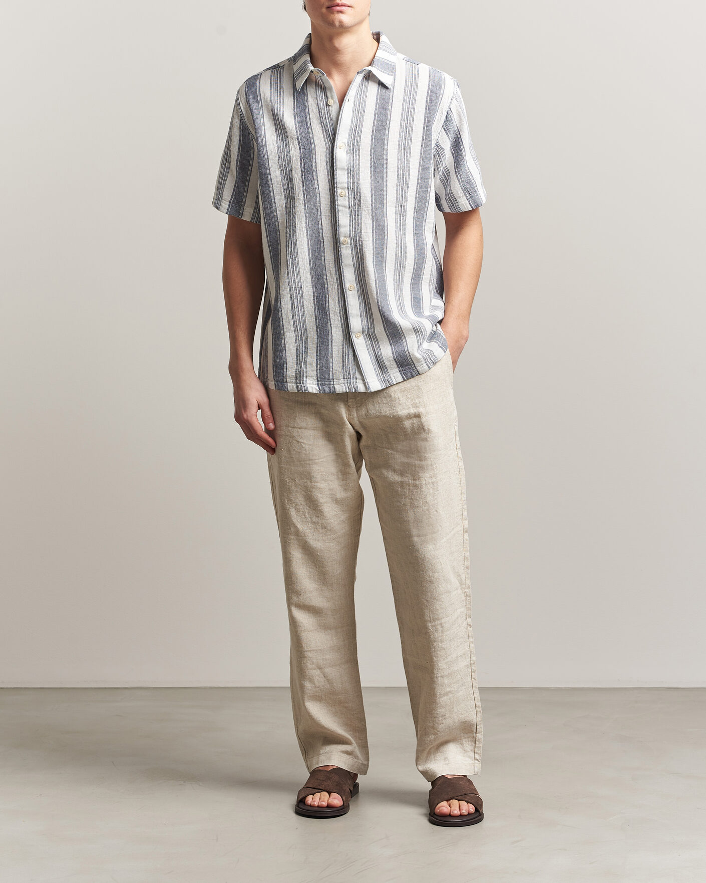 Mies | Kauluspaidat | KnowledgeCotton Apparel | Box Short Sleeve Stripe Shirt Blue Stripe