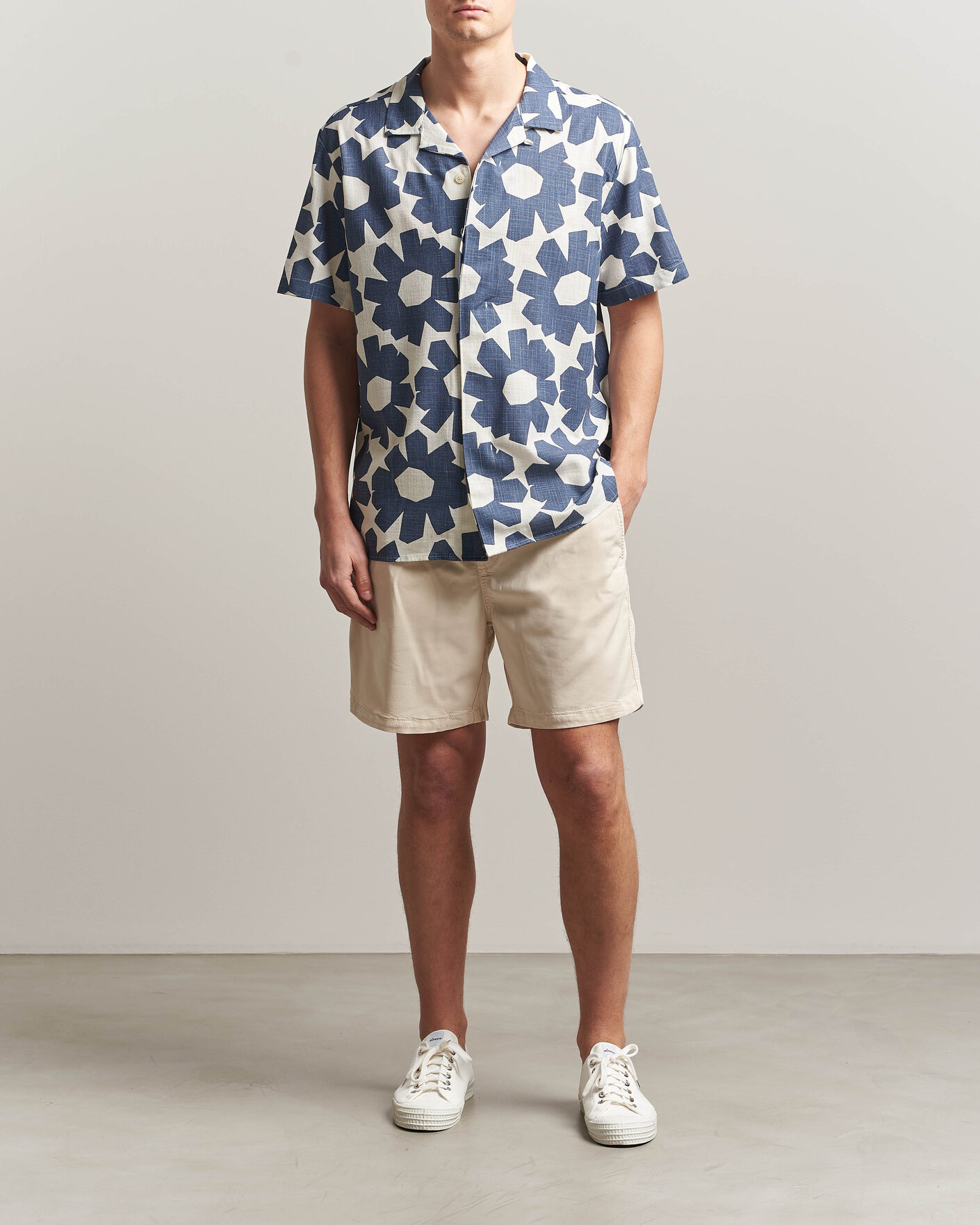Mies | Kauluspaidat | KnowledgeCotton Apparel | Printed Linen Mix Shirt Blue