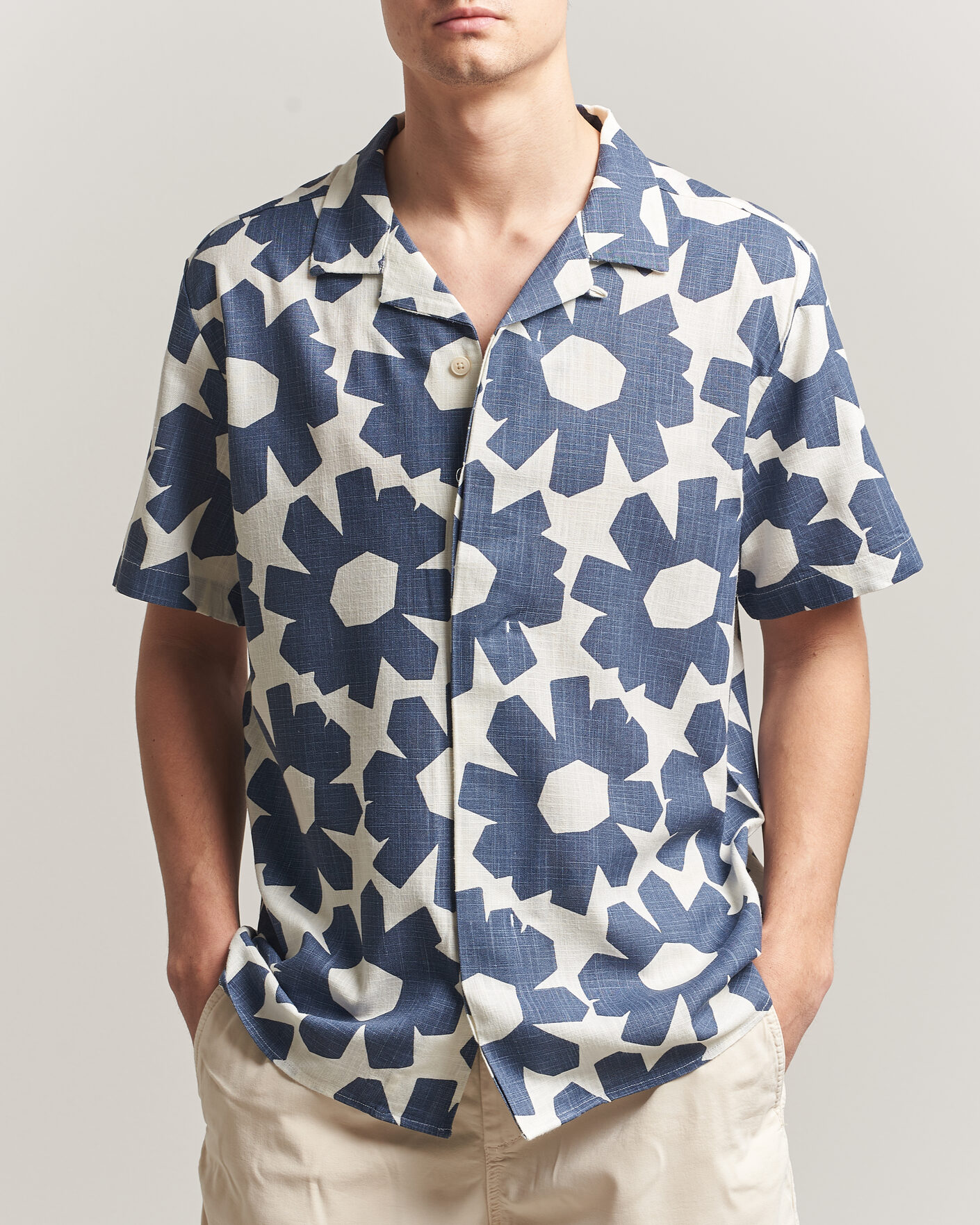 Mies | Kauluspaidat | KnowledgeCotton Apparel | Printed Linen Mix Shirt Blue