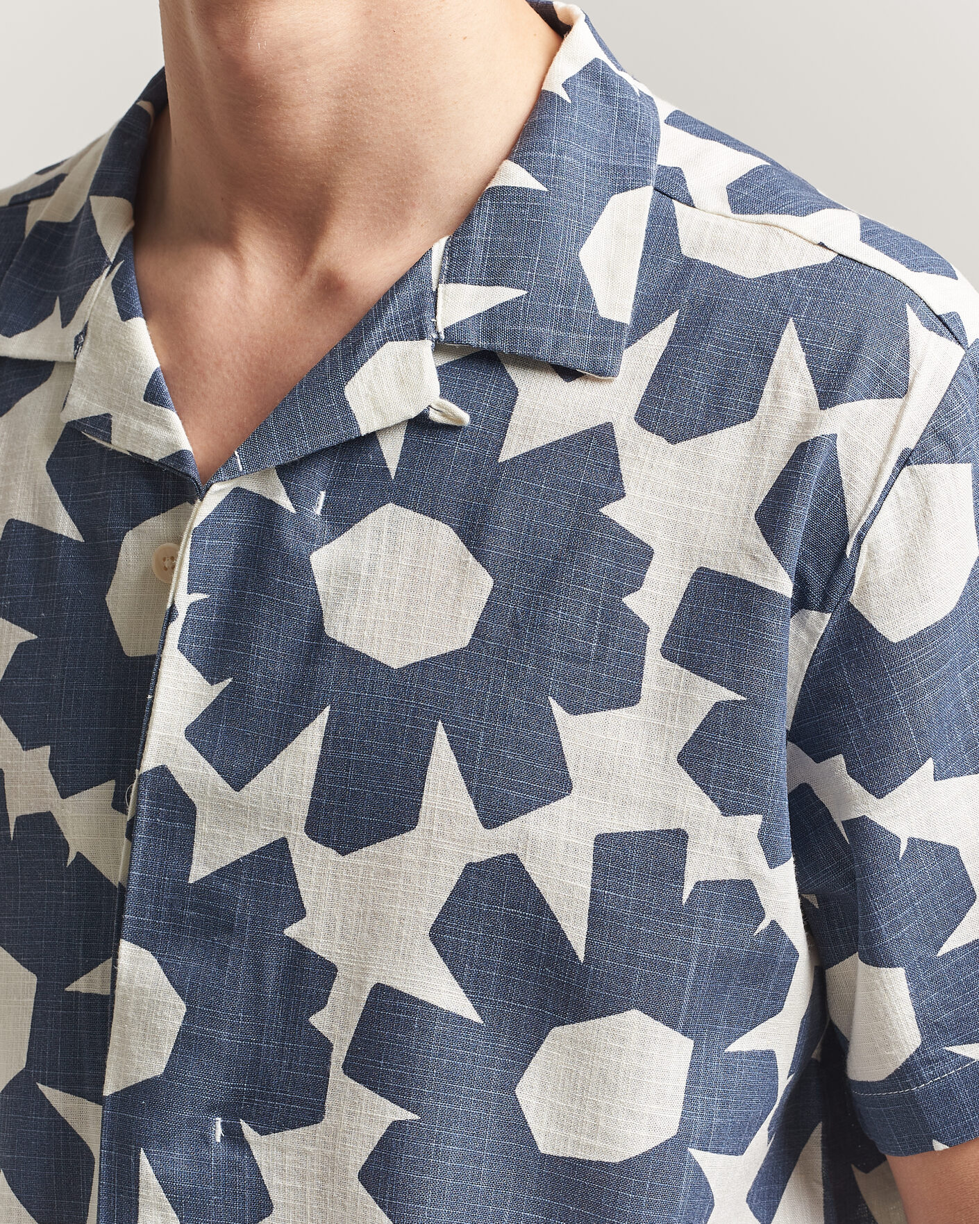 Mies | Kauluspaidat | KnowledgeCotton Apparel | Printed Linen Mix Shirt Blue