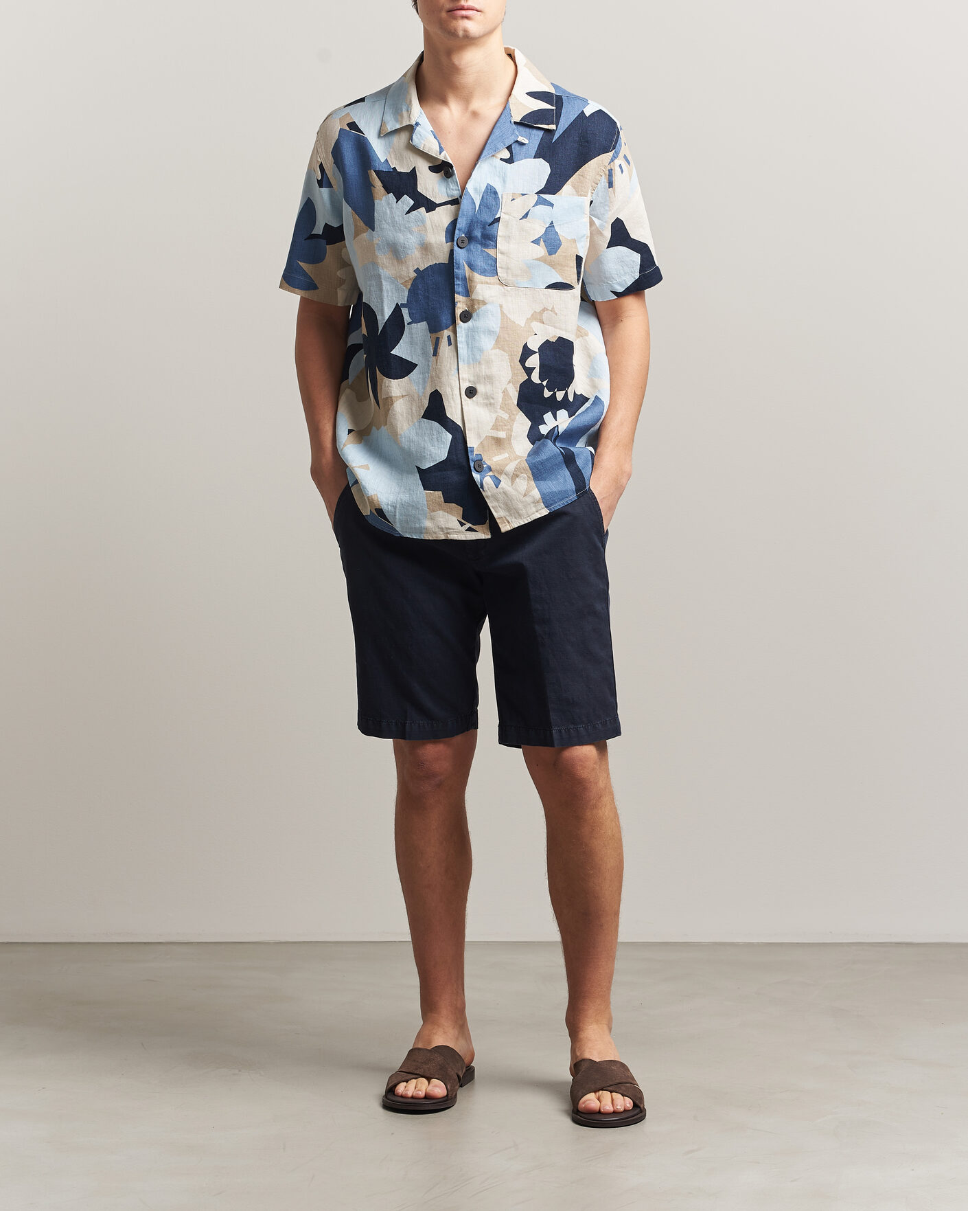 Mies | Kauluspaidat | KnowledgeCotton Apparel | Relaxed Printed Linen Short Sleeve Shirt Blue