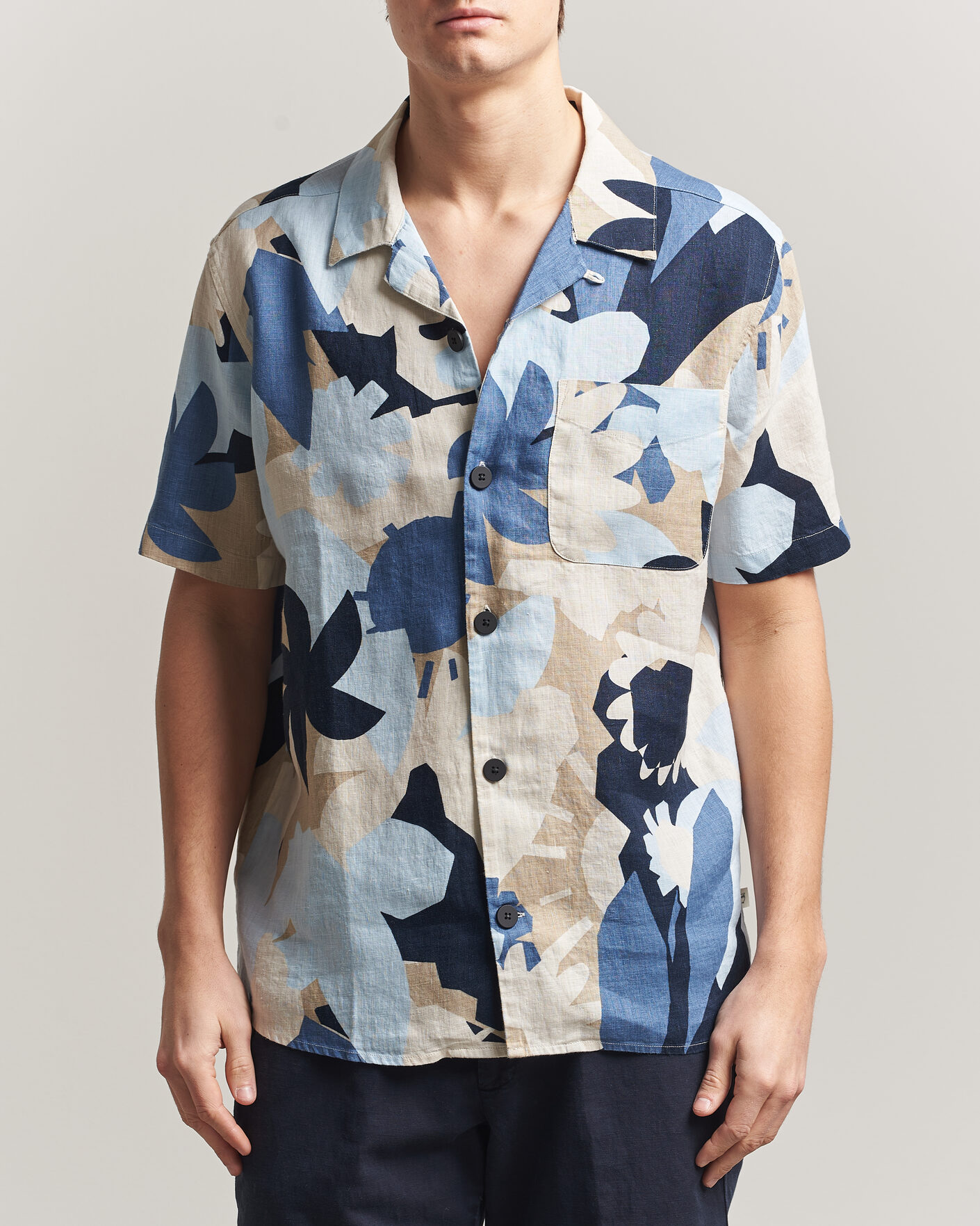 Mies | Kauluspaidat | KnowledgeCotton Apparel | Relaxed Printed Linen Short Sleeve Shirt Blue