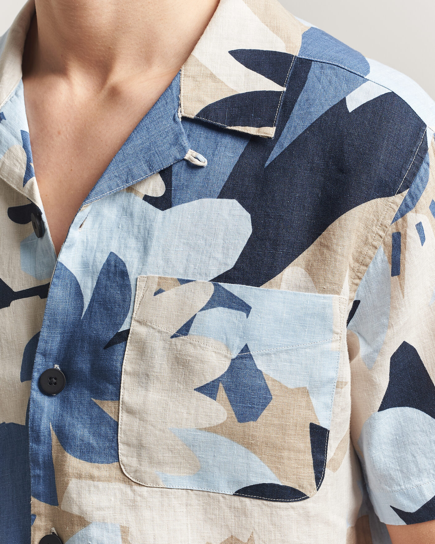 Mies | Kauluspaidat | KnowledgeCotton Apparel | Relaxed Printed Linen Short Sleeve Shirt Blue