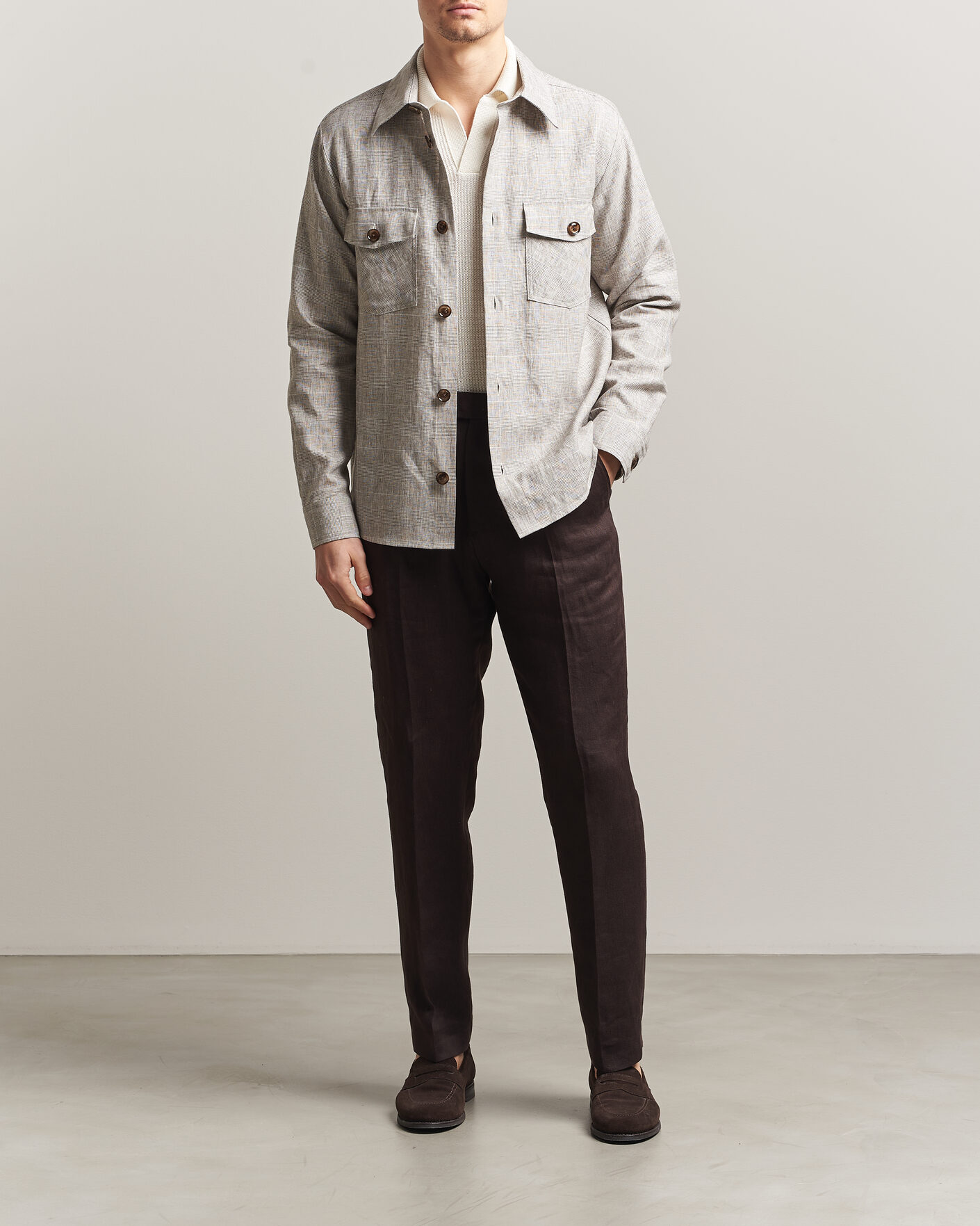Mies | Kauluspaidat | Oscar Jacobson | Magnus Checked Linen Overshirt Beige