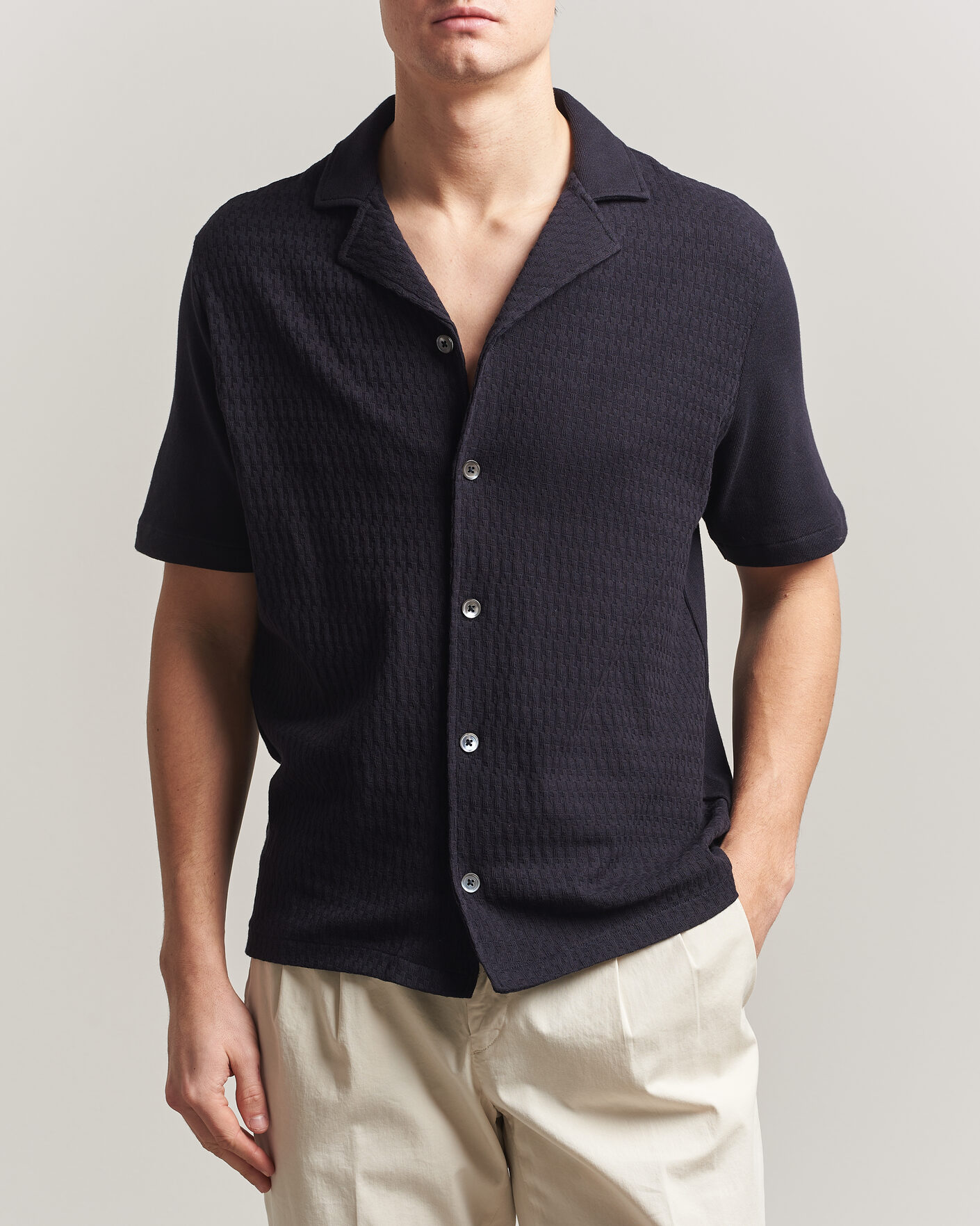 Mies | Kauluspaidat | Oscar Jacobson | Kirk Knitted Short Sleeve Shirt Navy