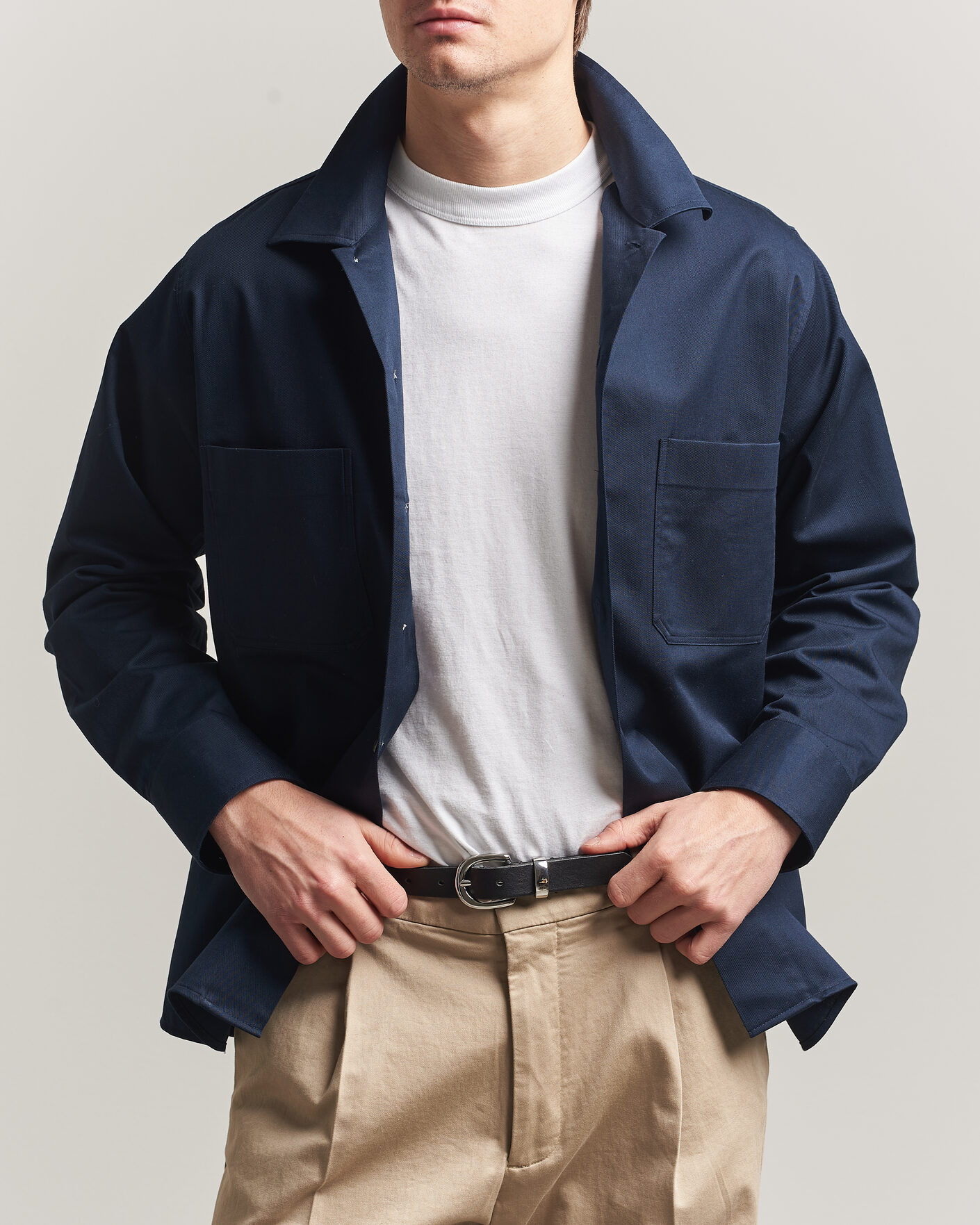 Mies | Kauluspaidat | Oscar Jacobson | Straight Fit Bowling Collar Cotton Shirt Navy