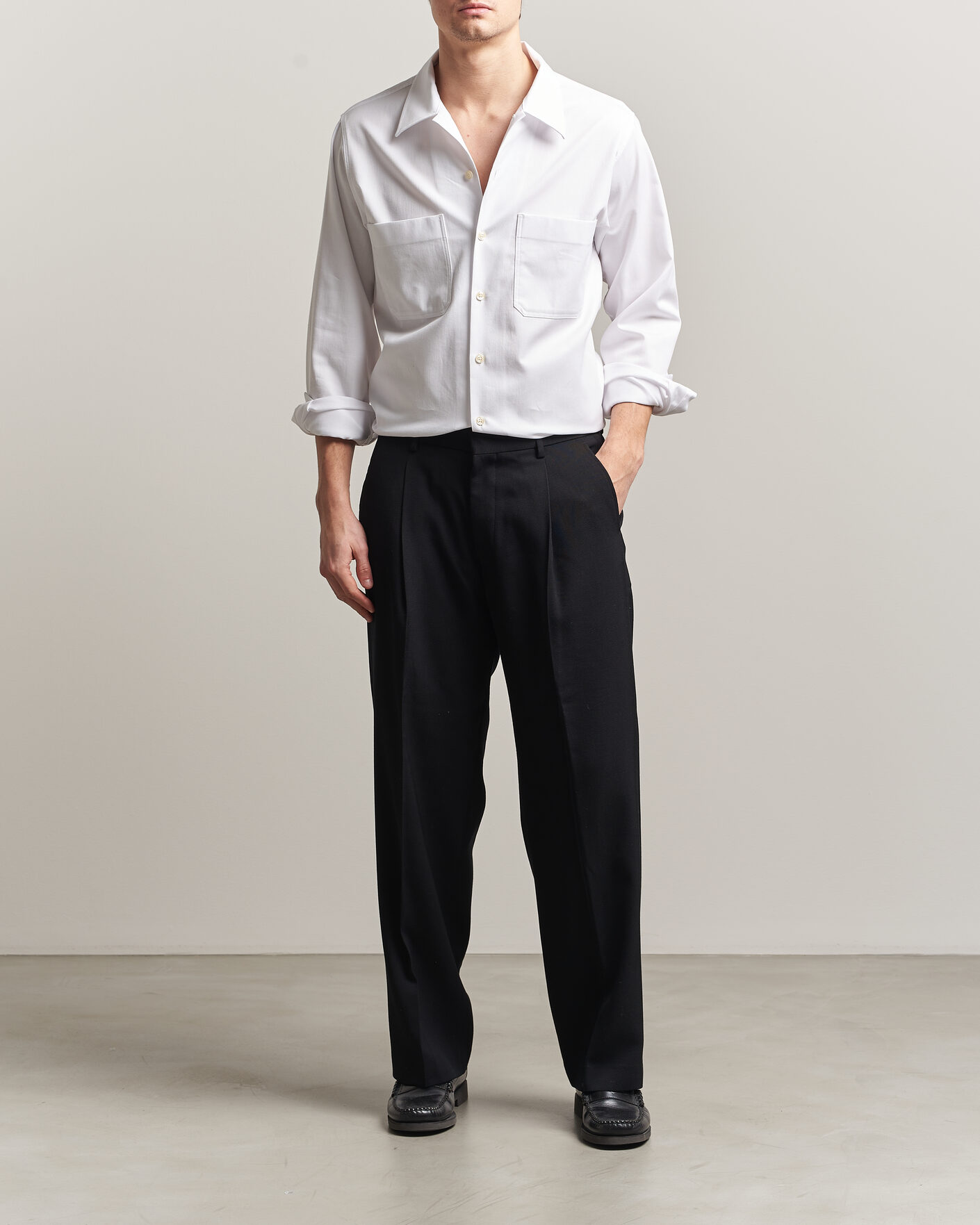 Mies | Kauluspaidat | Oscar Jacobson | Straight Fit Bowling Collar Cotton Shirt White