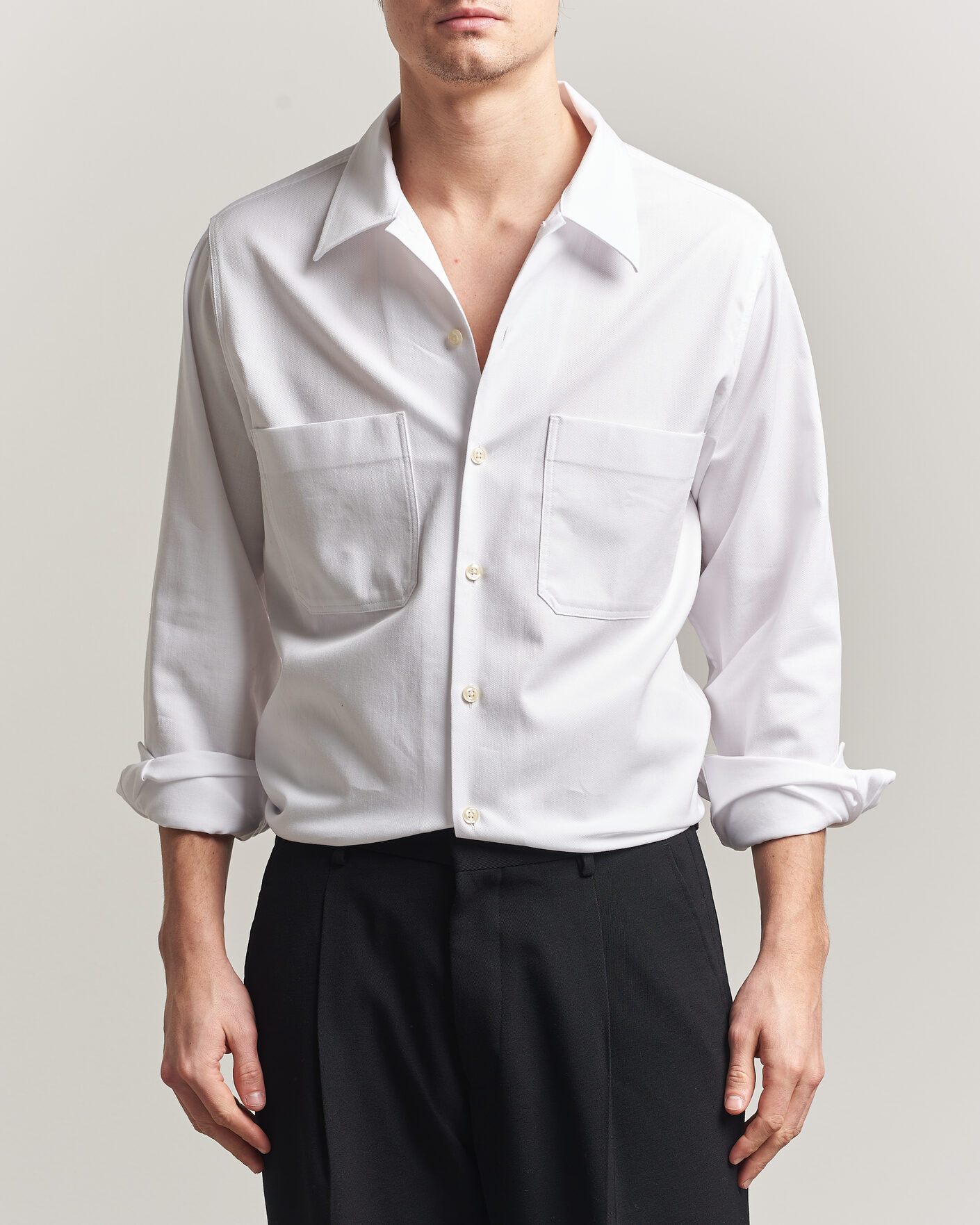 Mies | Kauluspaidat | Oscar Jacobson | Straight Fit Bowling Collar Cotton Shirt White