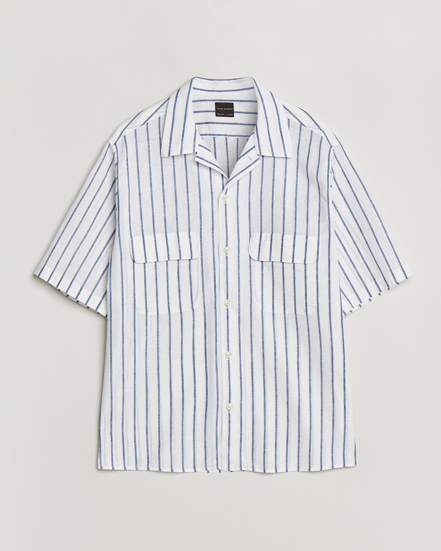 Mies | Kauluspaidat | Oscar Jacobson | Striped Short Sleeve Linen Shirt Navy/White