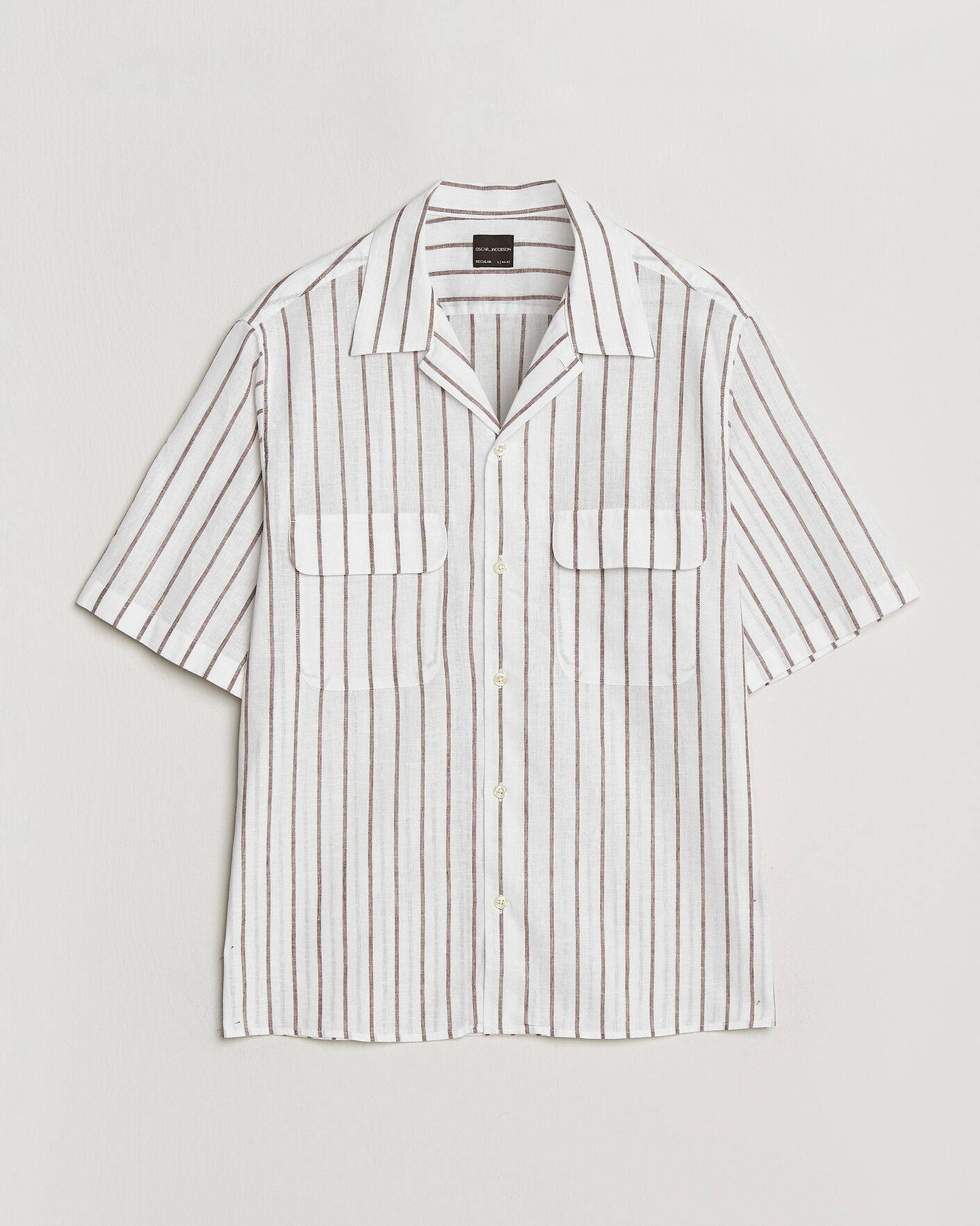 Mies | Kauluspaidat | Oscar Jacobson | Striped Short Sleeve Linen Shirt Brown/White
