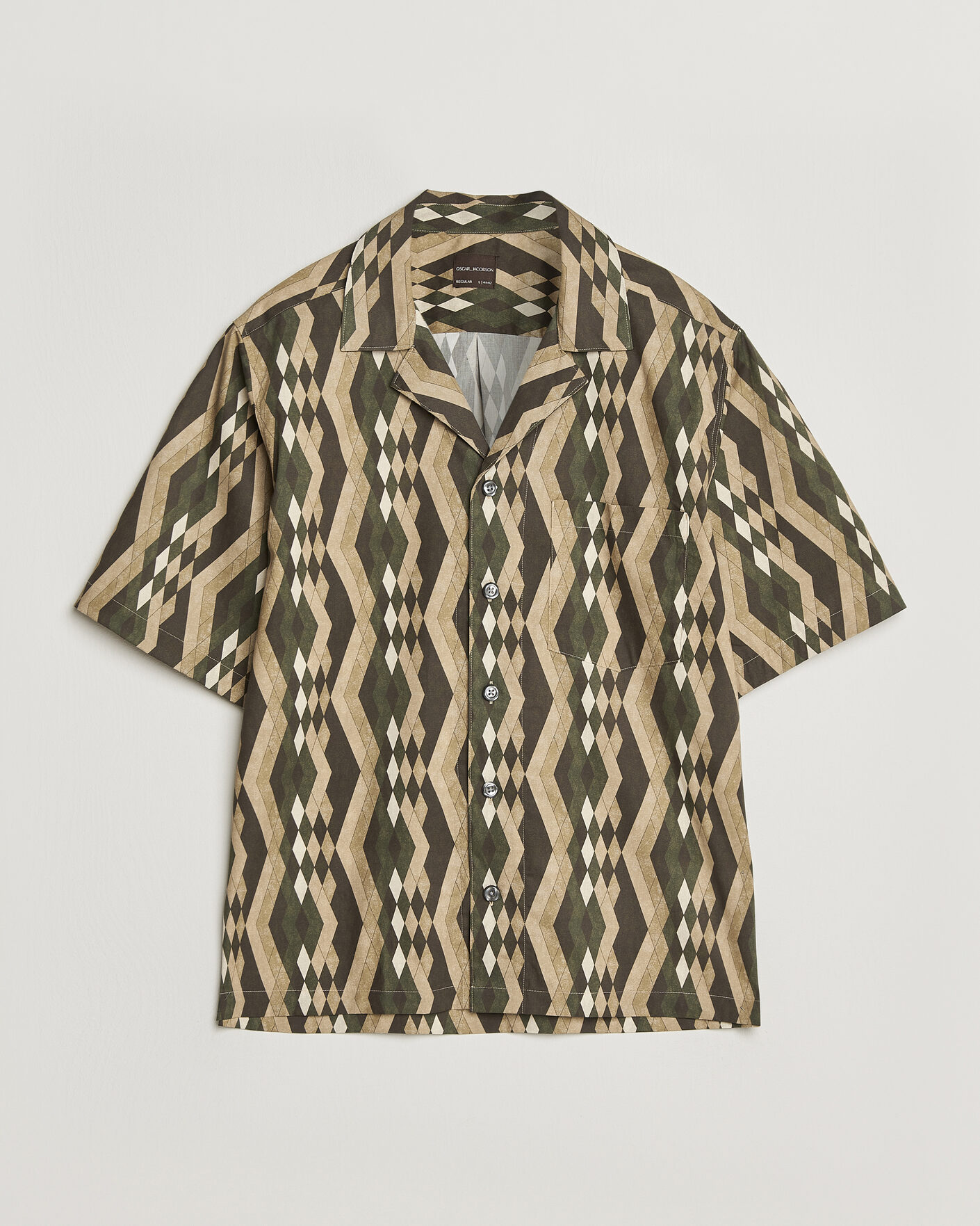 Mies | Kauluspaidat | Oscar Jacobson | Reg Fit Cuban Printed Short Sleeve Shirt Olive