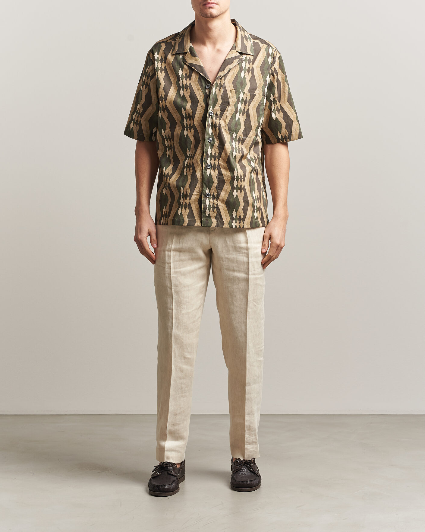Mies | Kauluspaidat | Oscar Jacobson | Reg Fit Cuban Printed Short Sleeve Shirt Olive