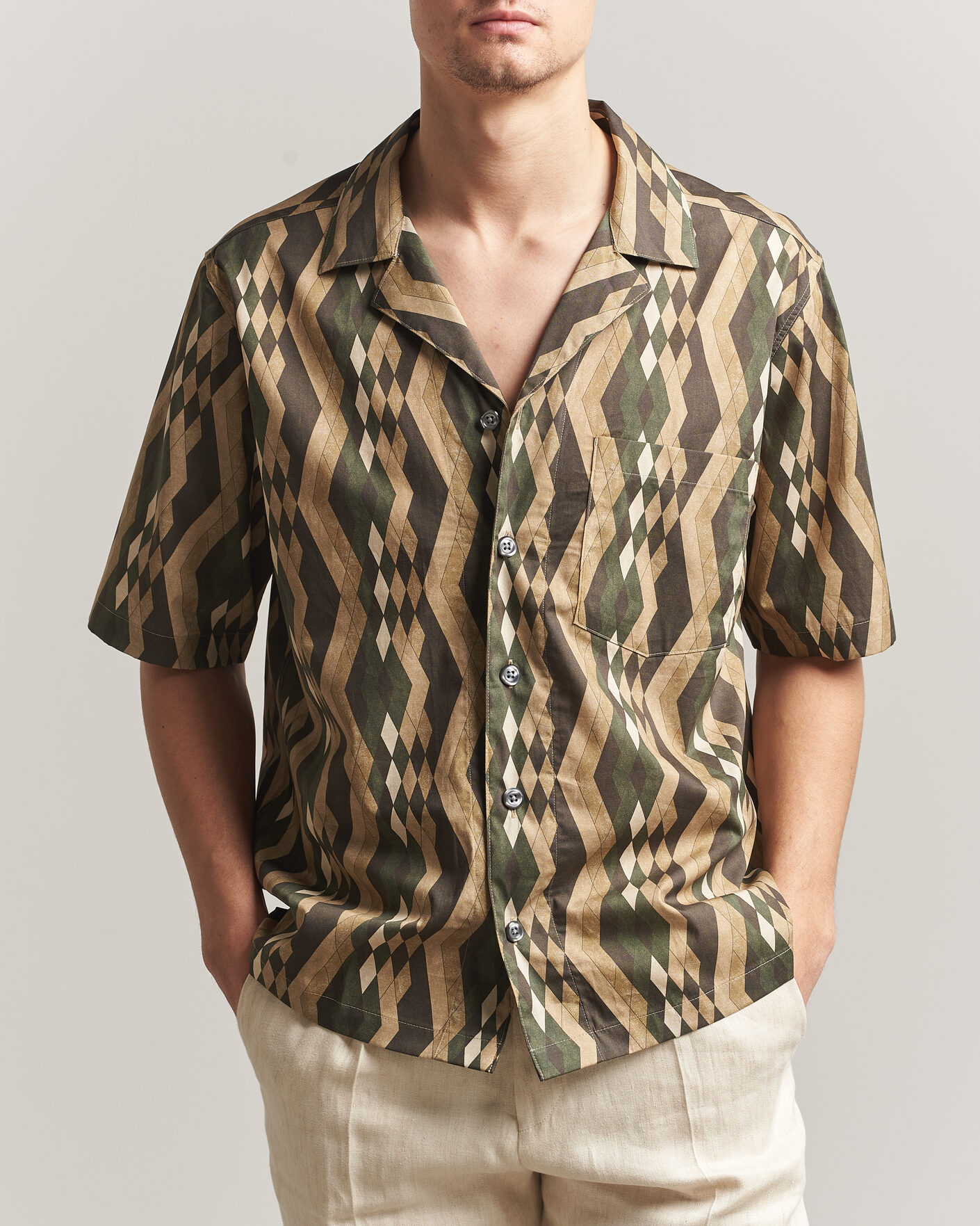 Mies | Kauluspaidat | Oscar Jacobson | Reg Fit Cuban Printed Short Sleeve Shirt Olive