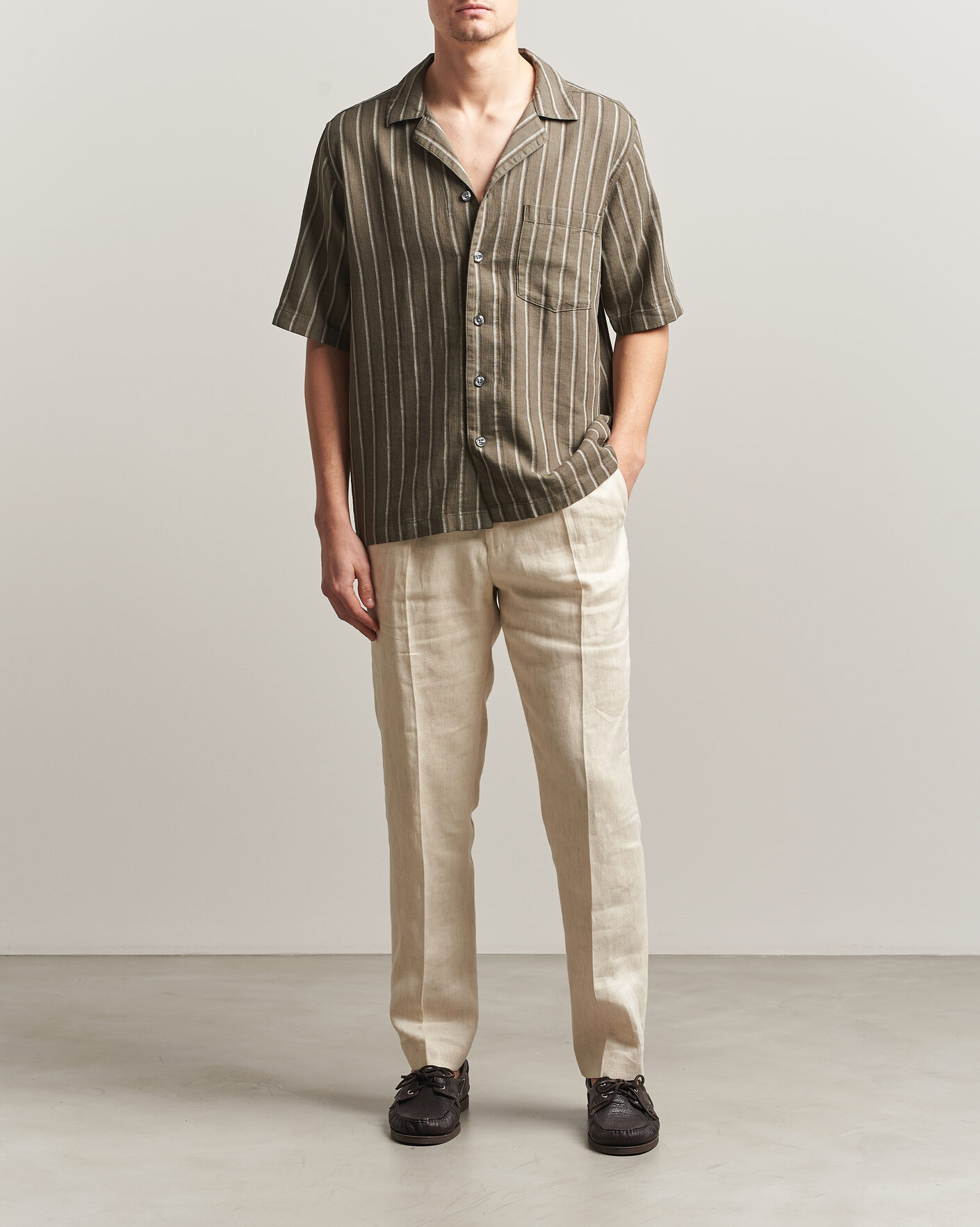 Mies | Kauluspaidat | Oscar Jacobson | Reg Fit Cuban Herringbone Short Sleeve Shirt Green