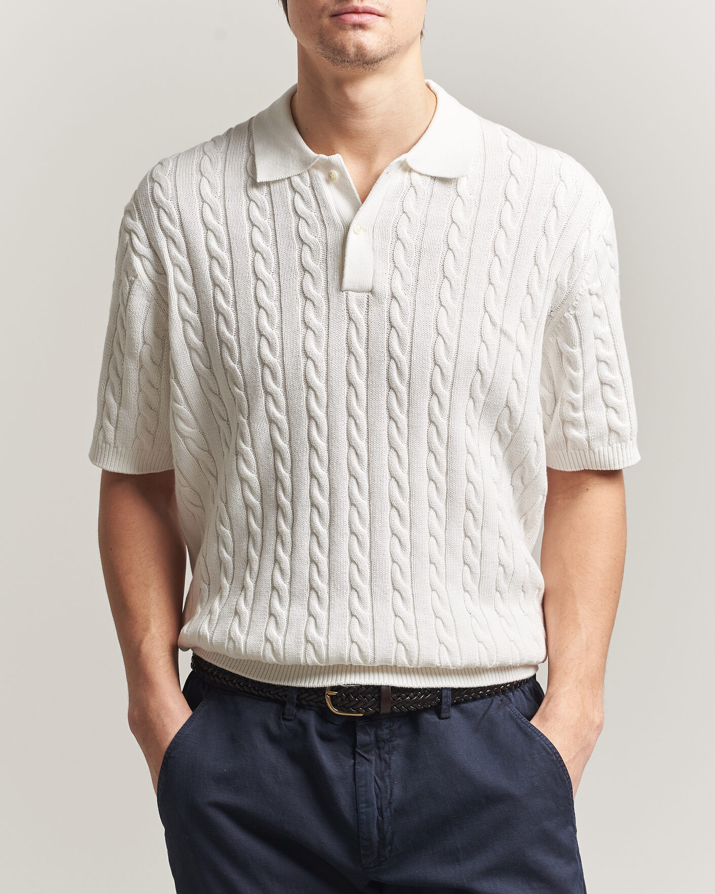 Mies | Pikeet | BEAMS PLUS | Short Sleeve Cable Polo White