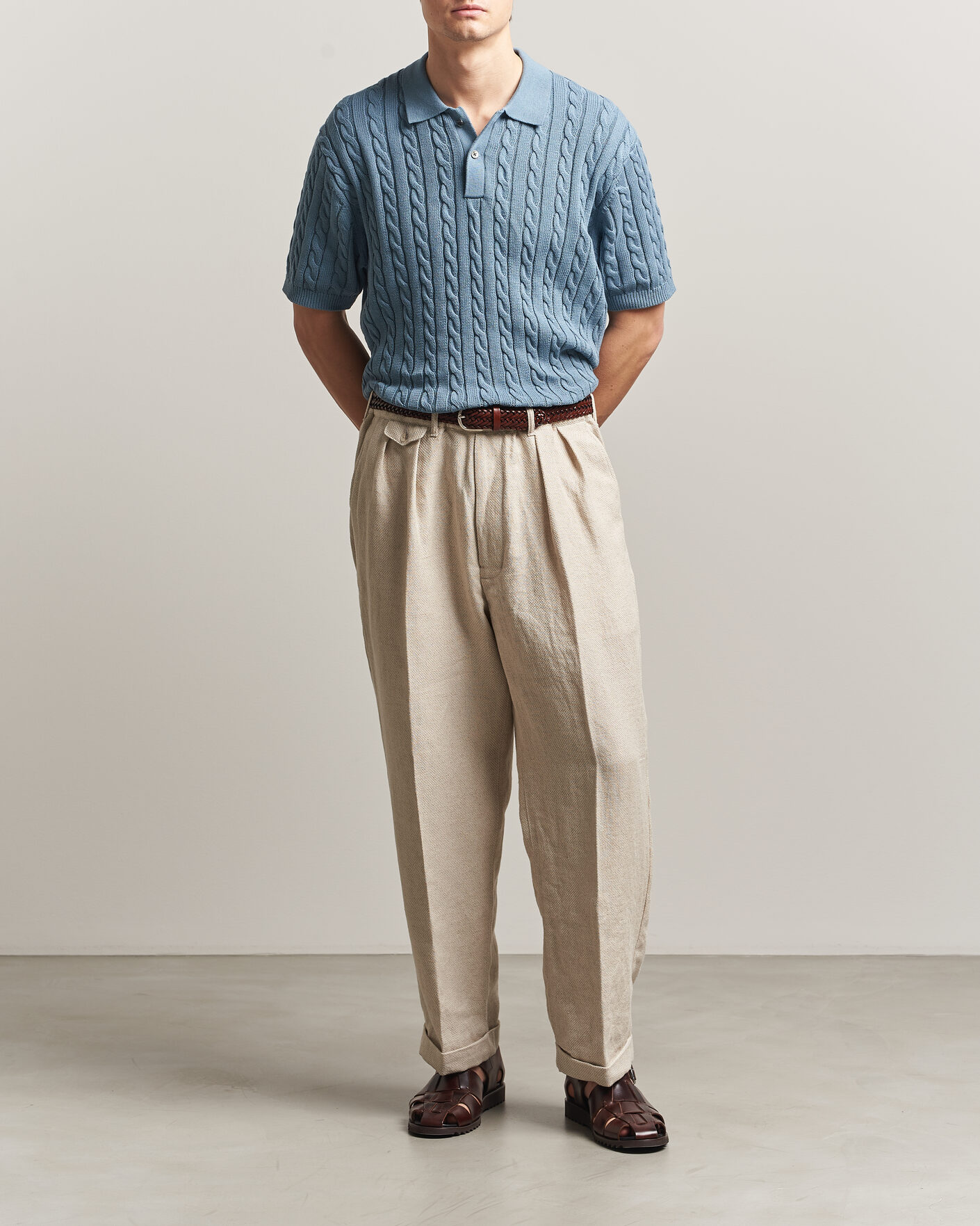 Mies | Pikeet | BEAMS PLUS | Short Sleeve Cable Polo Blue