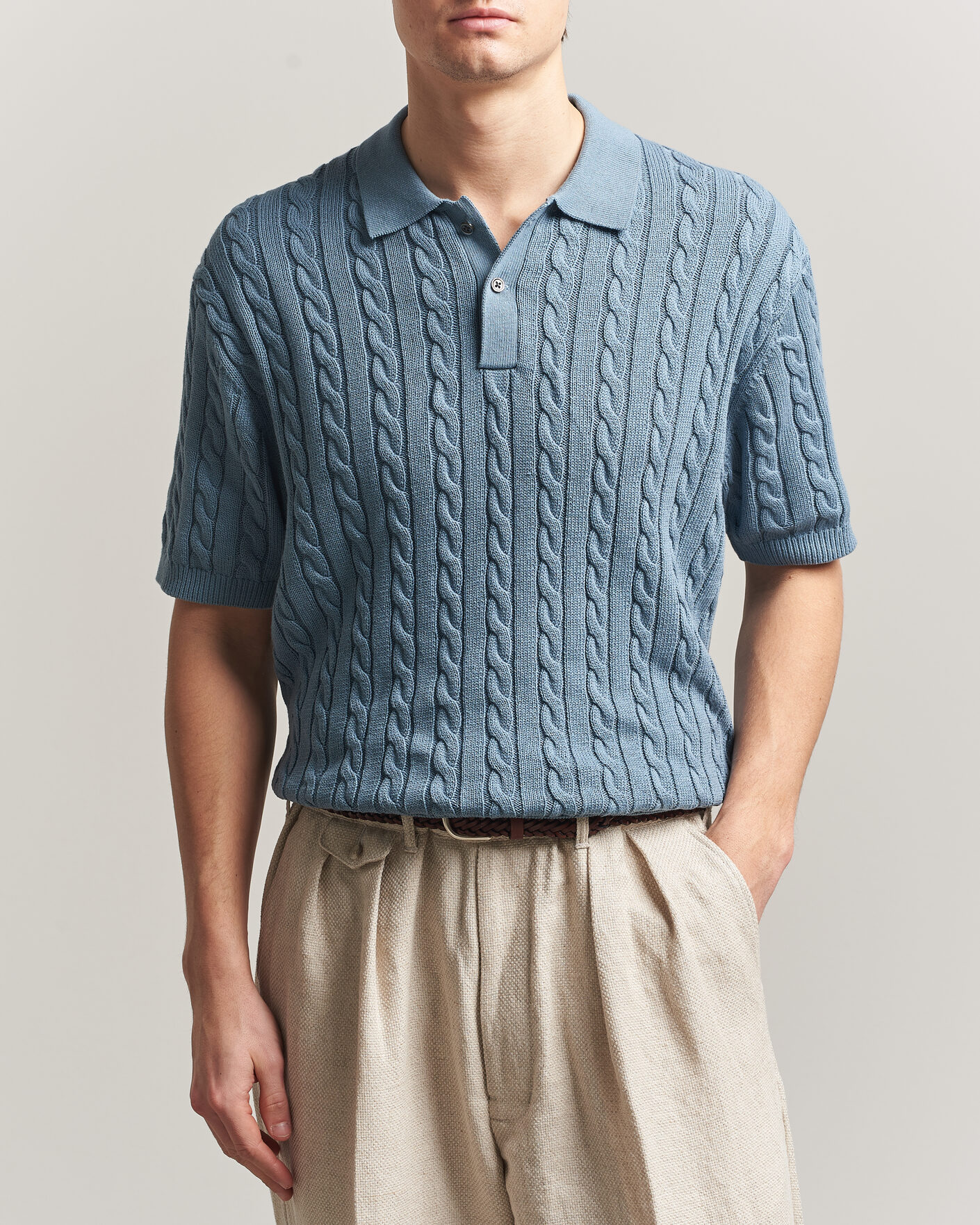 Mies | Pikeet | BEAMS PLUS | Short Sleeve Cable Polo Blue